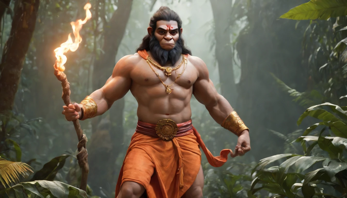 LORD HANUMAN ,a 35 years old man who has a face of a monkey, has a long tail as a monkey, proper super detailed eyes, proper super detailed  hands, proper super detailed legs, An Indian god, Lord Hanuman, face of a monkey , moderate stature, has a big tail, Fire on the background, strongly built, broad-chested, narrow-waisted, and long-armed, big gada in his hand, in a dark forest (Professional 3D rendering:1.3) by (Realistic:1.3) World's most beautiful art picture, Features soft, dark complexation male heroes , hindu god, indian god, ((Epic hindu god , lord Hanuman, fantasy rough muscular man wet hero angry look long hair long slightly white beard and fierce expression in dynamic pose, wearing a orange robe, inside a jungle, burning lights in the background, majestic environment)), full body 8k unit render, action shot, skin pores, very dark lighting, heavy shading, detailed, Detailed face, (vibrant, photorealistic, Realistic , Dramatic, Dark, sharp focus, 8k), (orange cloths with heavy jewelry r:1.4), (intricate:1.4), decayed, (highly detailed:1.4), painting digital, rendering by octane, art stations, Concept-Art, smooth, sharp focus, illustration, germ of art, (Loish:0.23), Wlop Ilya Kuvshinov, and Greg Rutkowski and Alphonse Mucha Gracias, (global illumination, studiolight, Light Volumetric ), heavy rain, floating particles, scoundrel, fantasy, Eleven, full bodyesbian, ((Dark jungle background:1.3)),CGSesociedade,art stations