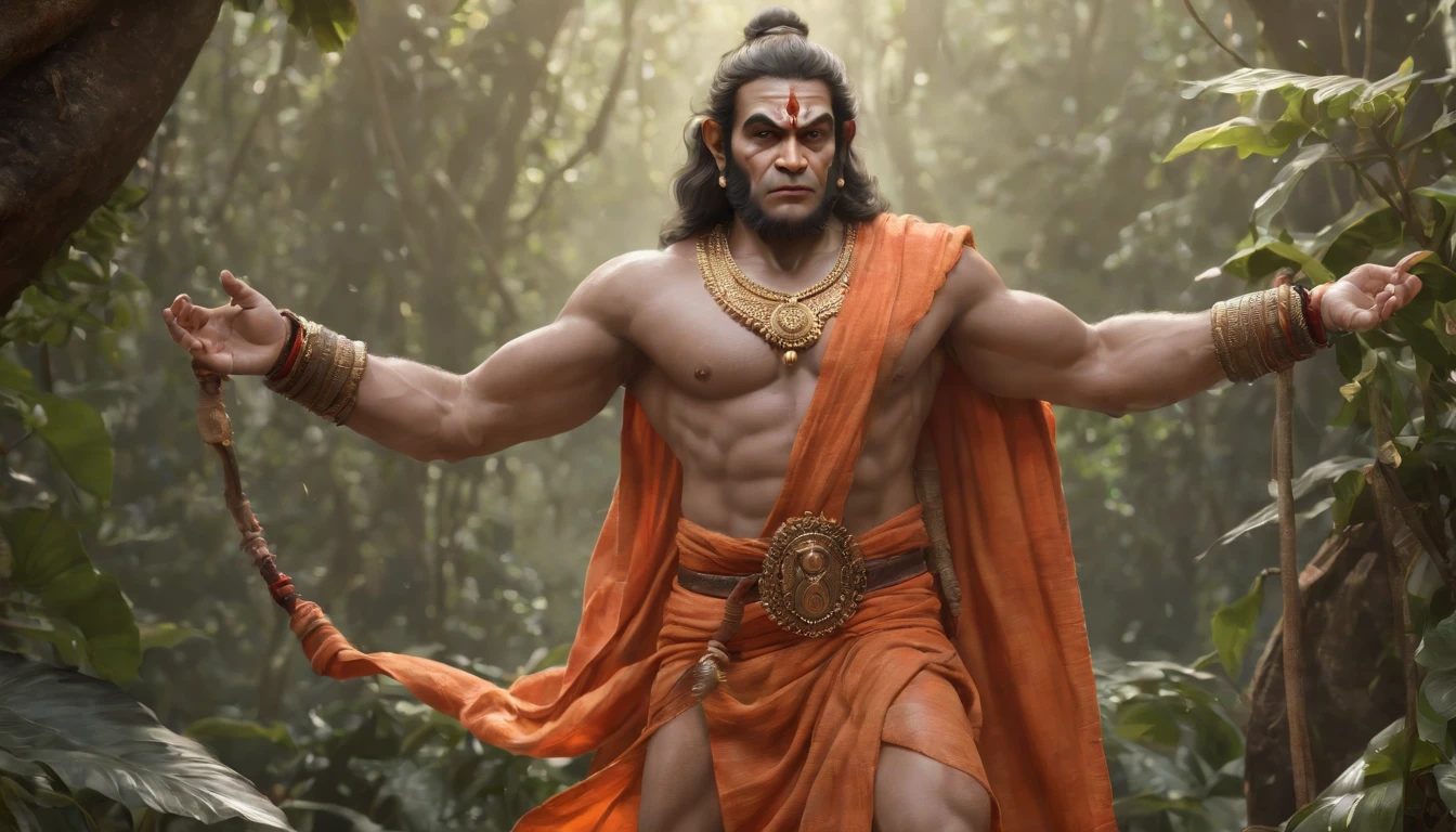 LORD HANUMAN ,a 35 years old man who has a face of a monkey, has a long tail as a monkey, proper super detailed eyes, proper super detailed hands, proper super detailed legs, An Indian god, Lord Hanuman, face of a monkey , moderate stature, has a big tail, Fire on the background, strongly built, broad-chested, narrow-waisted, and long-armed, big gada in his hand, in a dark forest (Professional 3D rendering:1.3) by (Realistic:1.3) World's most beautiful art picture, Features soft, dark complexation male heroes , hindu god, indian god, ((Epic hindu god , lord Hanuman, fantasy rough muscular man wet hero angry look long hair long slightly white beard and fierce expression in dynamic pose, wearing a orange robe, inside a jungle, burning lights in the background, majestic environment)), full body 8k unit render, action shot, skin pores, very dark lighting, heavy shading, detailed, Detailed face, (vibrant, photorealistic, Realistic , Dramatic, Dark, sharp focus, 8k), (orange cloths with heavy jewelry r:1.4), (intricate:1.4), decayed, (highly detailed:1.4), painting digital, rendering by octane, art stations, Concept-Art, smooth, sharp focus, illustration, germ of art, (Loish:0.23), Wlop Ilya Kuvshinov, and Greg Rutkowski and Alphonse Mucha Gracias, (global illumination, studiolight, Light Volumetric ), heavy rain, floating particles, scoundrel, fantasy, Eleven, full bodyesbian, ((Dark jungle background:1.3)),CGSesociedade,art stations