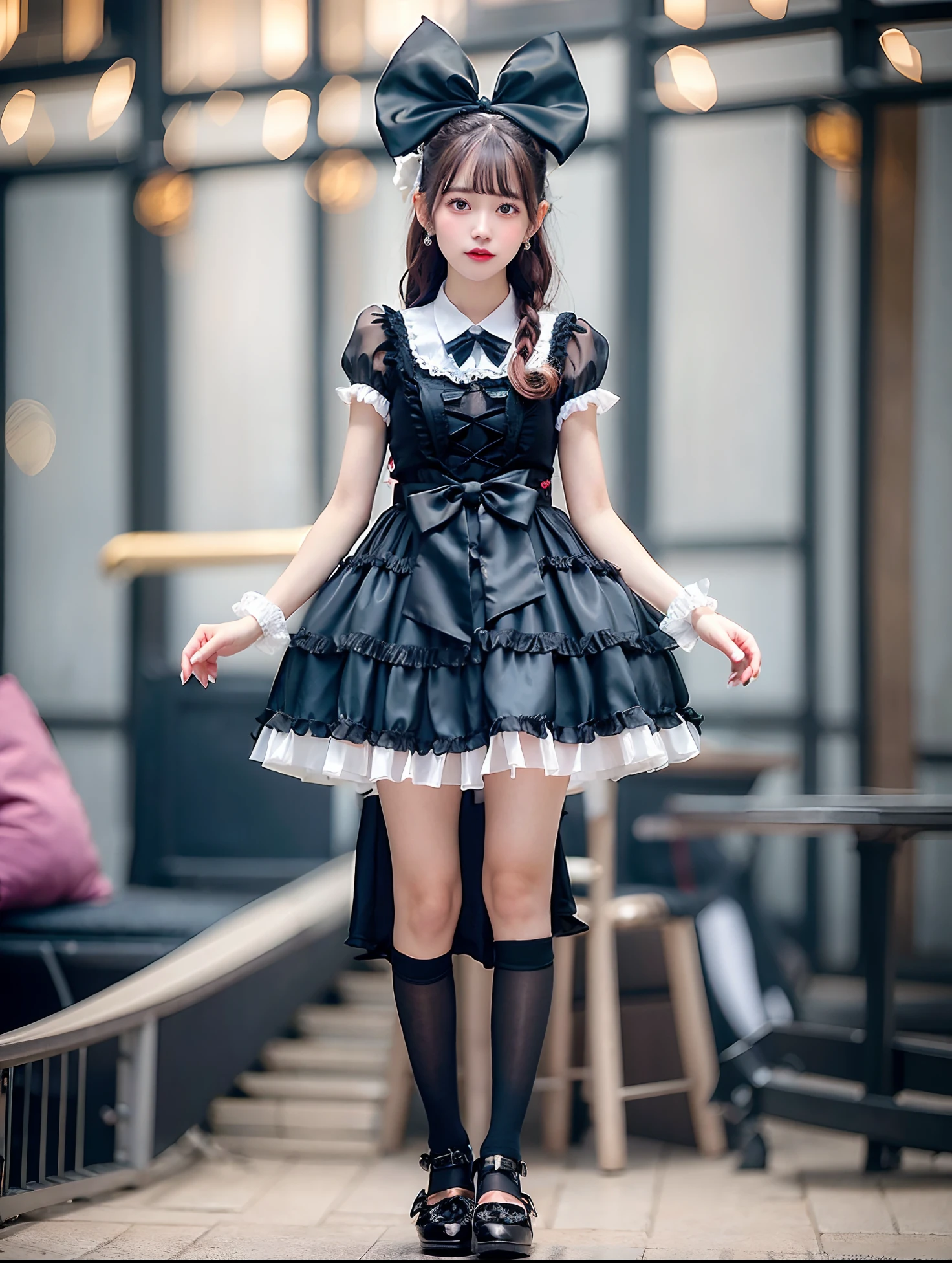 (Realistic、Like a photograph、Live Action、8k, Realistic, RAW Photos, Best image quality: 1.4), Single-lens reflex camera、RAW Photos, Highest quality, Realistic, Very detailed CG Unity 8k wallpaper, Written boundary depth, Cinematic Light, Lens flare, Ray Tracing, Realistic background、(Wearing a gothic lolita outfit:1.5、wearing over-the-knee socks:1.3)、((ultra high density skin))、standing on the Tokyo street、(Standing with legs apart:1.4)、((whole body:1.5)，Frowning、Long Hair:1.2、Silver Hair、I like that style、stylish、Very detailed、Pay attention to the details、Perfect outfit、(White skin)、，Front view、Accurate body、Anatomically correct body、Detailed feet、Correct finger