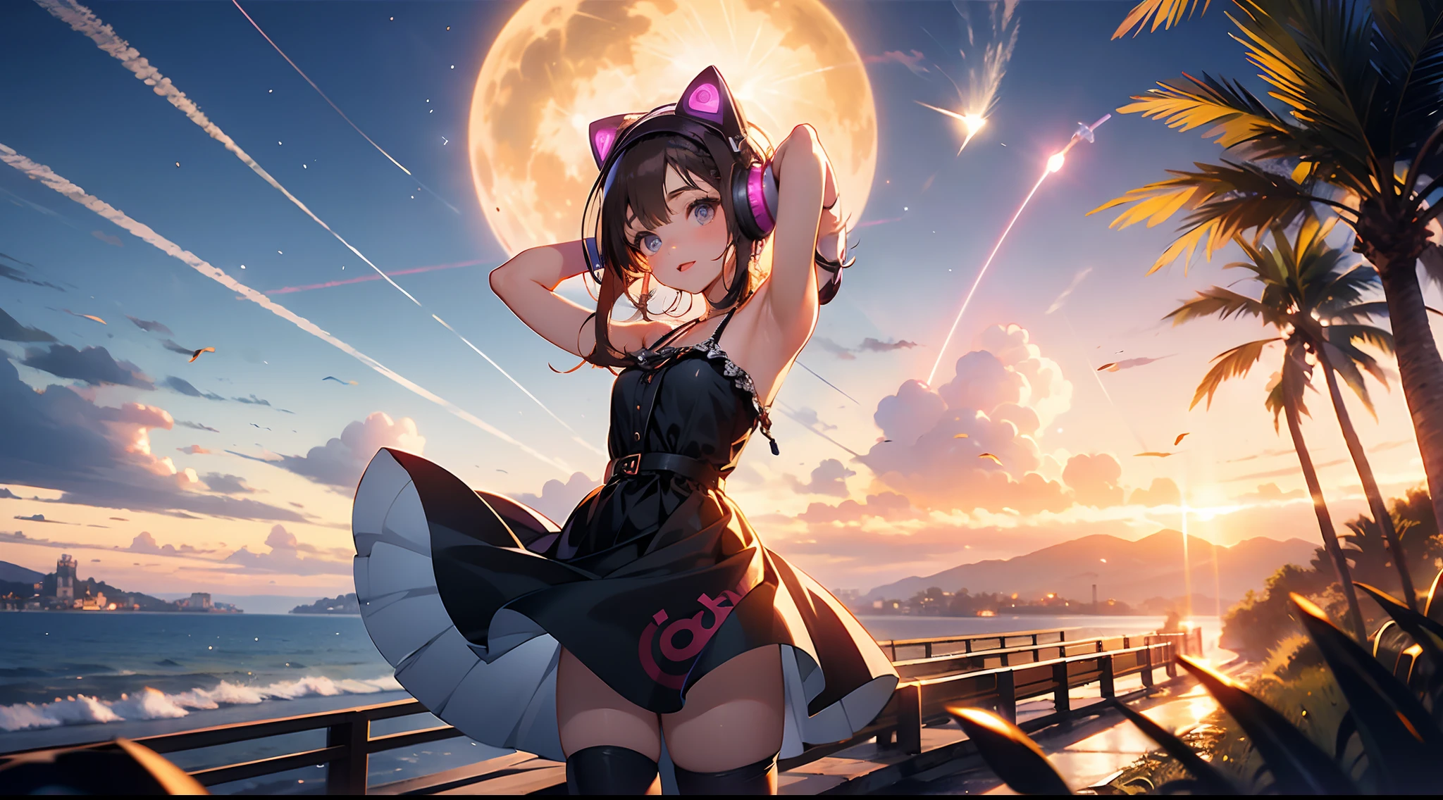 beautiful girl, 13 years old, Tiny dress, dark tights, listening to music on headphones, musical lyrics around her head, hyper-realistic, best quality, very high resolution, 8k, HDR