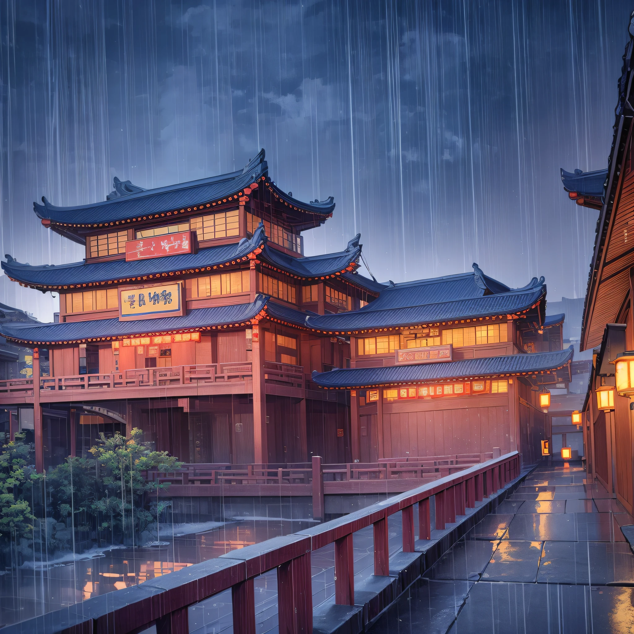 arafed view of a village with a lot of lights on the buildings, dreamy chinese town, chinese village, amazing wallpaper, japanese town, japanese village, hyper realistic photo of a town, old asian village, japanese city, by Raymond Han, rainy evening, cyberpunk chinese ancient castle, beautifully lit buildings, at evening during rain, beautiful and aesthetic, photography, cinematic, 8k, high detailed ((Heavy rain)))