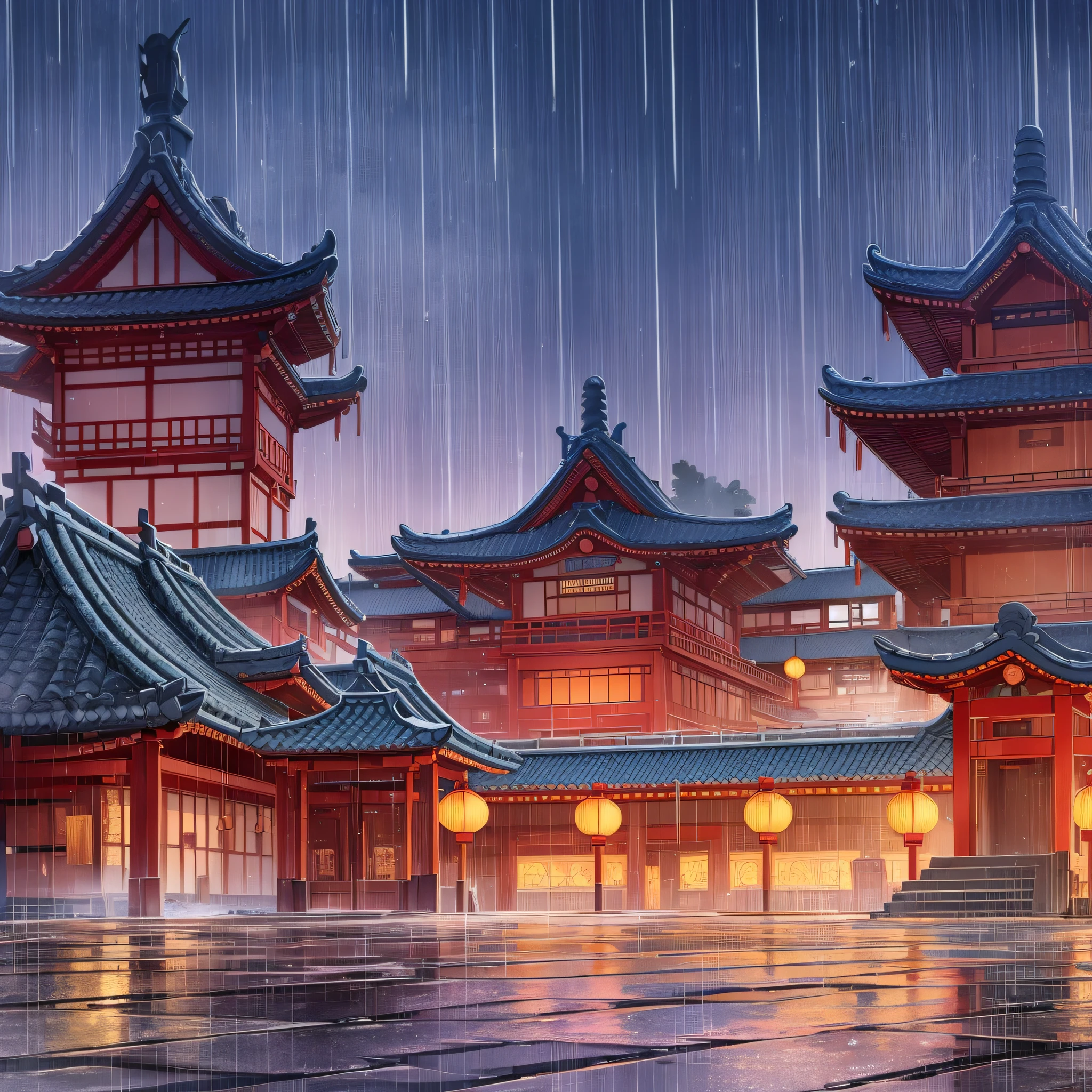 arafed view of a village with a lot of lights on the buildings, dreamy chinese town, chinese village, amazing wallpaper, japanese town, japanese village, hyper realistic photo of a town, old asian village, japanese city, by Raymond Han, rainy evening, cyberpunk chinese ancient castle, beautifully lit buildings, at evening during rain, beautiful and aesthetic, photography, cinematic, 8k, high detailed ((Heavy rain)))