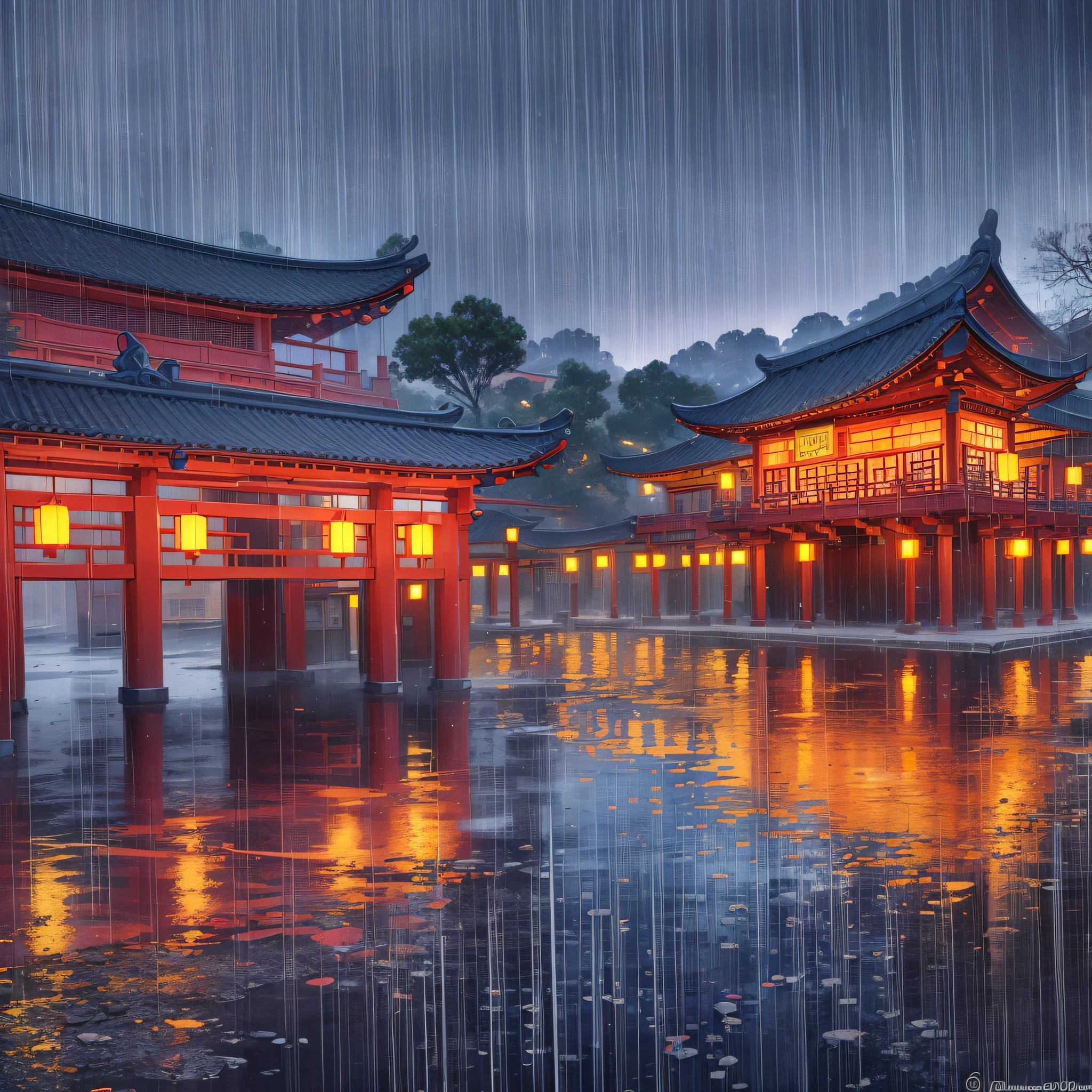 arafed view of a village with a lot of lights on the buildings, dreamy chinese town, chinese village, amazing wallpaper, japanese town, japanese village, hyper realistic photo of a town, old asian village, japanese city, by Raymond Han, rainy evening, cyberpunk chinese ancient castle, beautifully lit buildings, at evening during rain, beautiful and aesthetic, photography, cinematic, 8k, high detailed ((Heavy rain)))