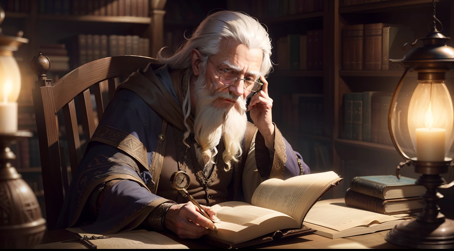 There's an old wizard reading a withered grimoire in a dusty old library, wizard is wearing an old and dirty robe, Ele tem longos cabelos grisalhos, long beard and glasses, There are books and papers scattered on the table, Also occult symbols and steampunk-style items are detailing this environment, The lighting is quite dim and the library is illuminated with lanterns that give the scene a soft and warm light at these points