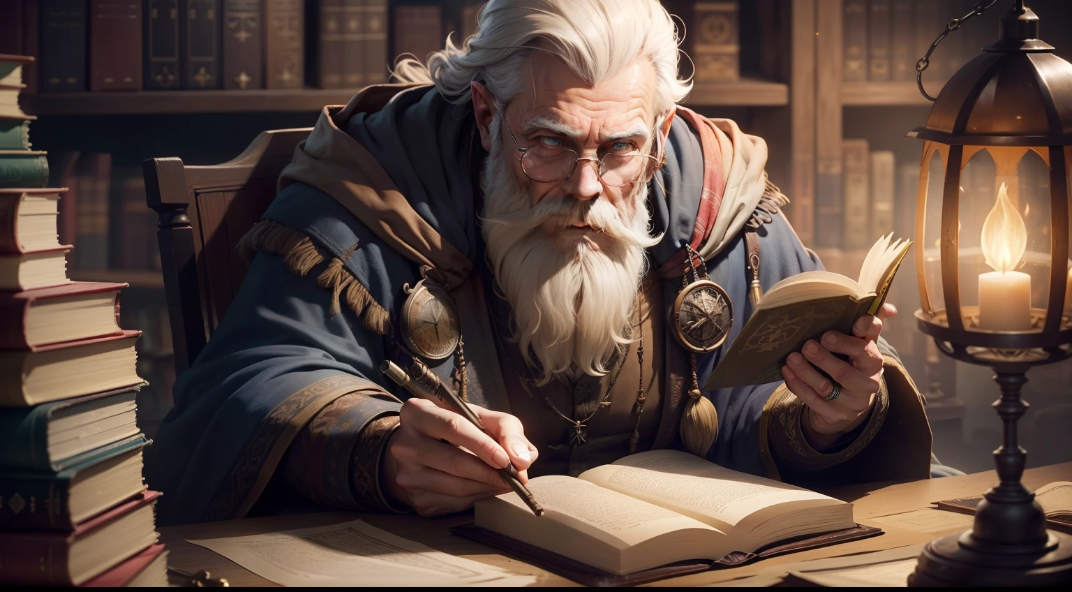 There's an old wizard reading a withered grimoire in a dusty old library, wizard is wearing an old and dirty robe, Ele tem longos cabelos grisalhos, long beard and glasses, There are books and papers scattered on the table, Also occult symbols and steampunk-style items are detailing this environment, The lighting is quite dim and the library is illuminated with lanterns that give the scene a soft and warm light at these points