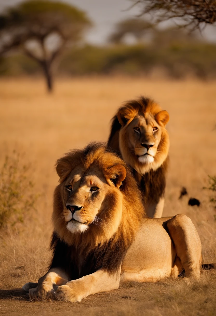 Two male lions, inside the savannah getting ready to hunt