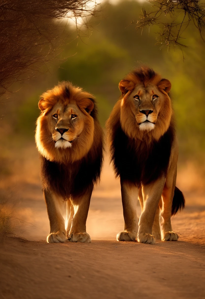 Two male lions, Inside the Savannah, preparing to hunt hyens