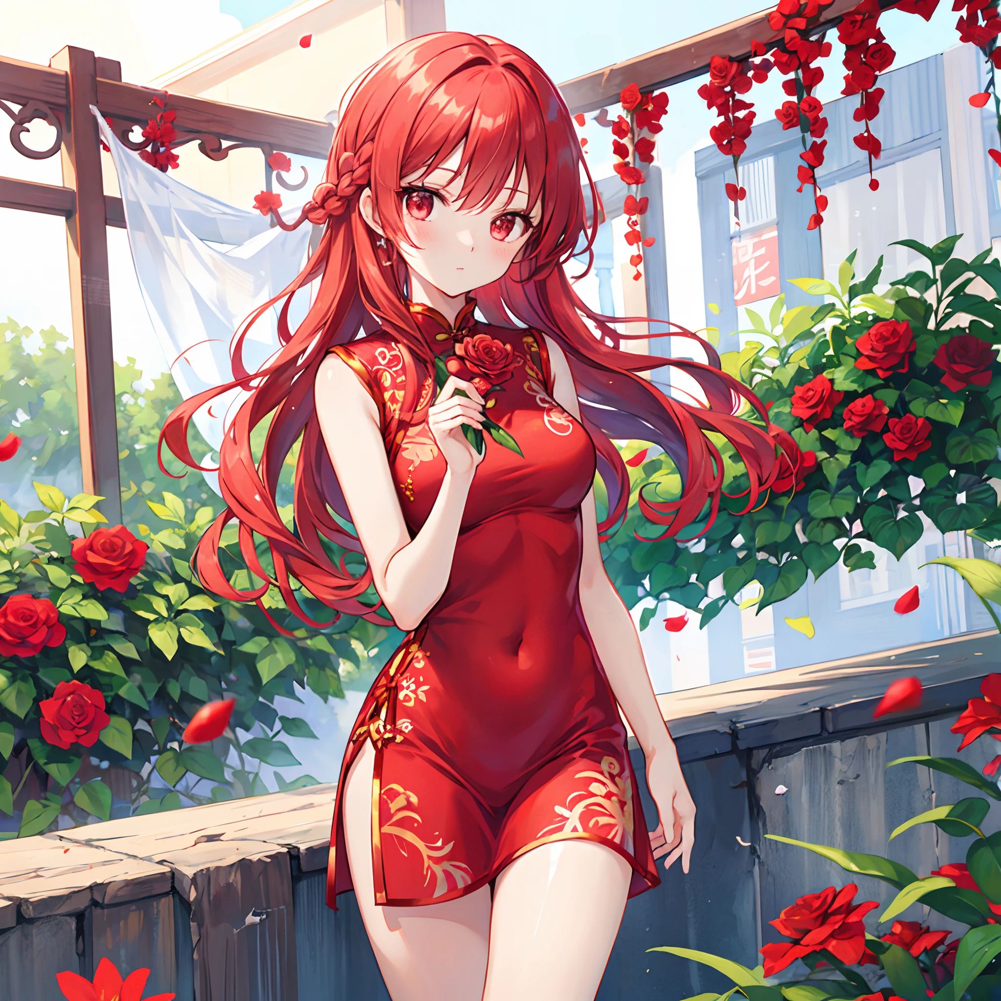 Red-haired、Bun head、red eyes、Beautiful girl alone、qipao dress、A sexy、Bright red rose garden、