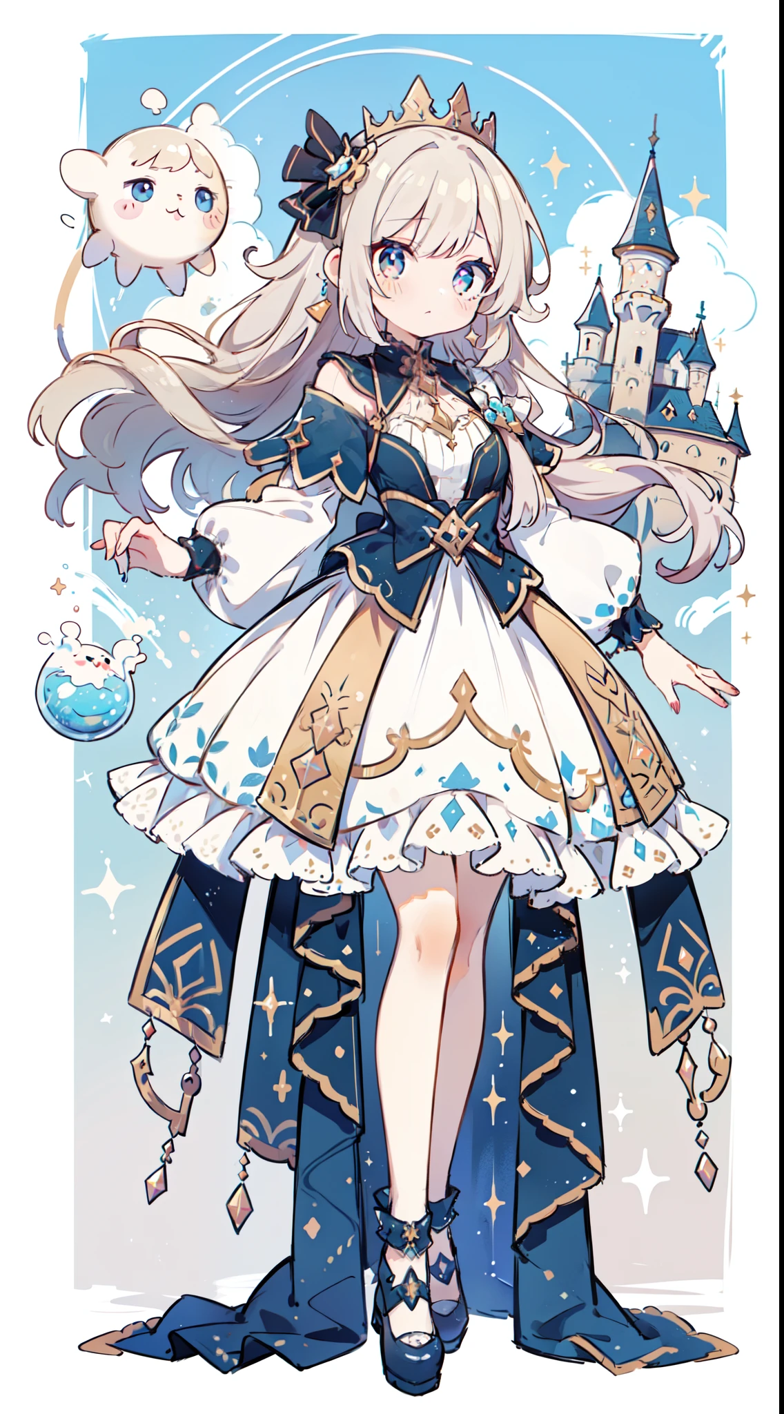 masutepiece, Best Quality, 8K resolution, Sharp Focus, ((full body Esbian、Standing picture:1.2)), intricate detailes, Beautiful Girl, Sparkling eyes, Golden Ratio Face, Otherworldly liquid, watercolor paiting, ((Pastel colors)), Bright colors, capricious, Colorful, Sharp Focus, High resolution, Fine detail, Princess Fantasy Ball Gown, ((Round eyes)), Iridescent bubbles, Castle landscape in the background