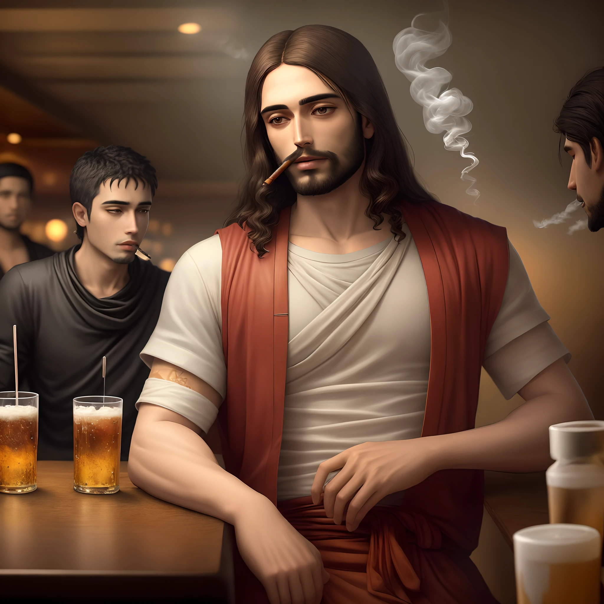 Jesus com a coroa de espinhos e Siddhartha Gautama em um bar a fumar