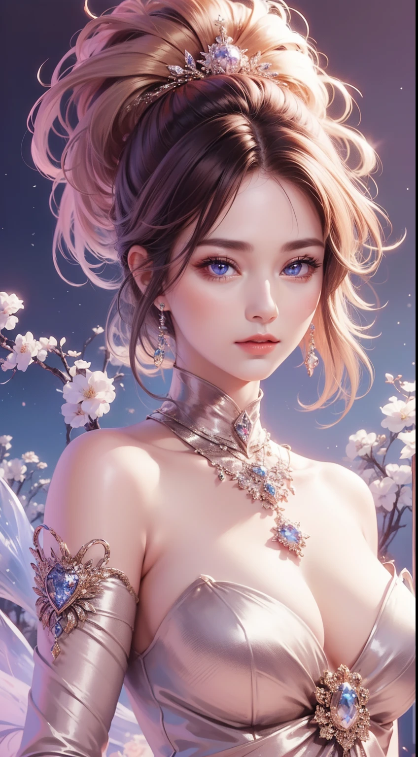 tmasterpiece，Highest high resolution，((themoon))，Dynamic bust of a beautiful aristocratic maiden，elegantly coiled brown chestnut hair，Purple clear eyes，Hair is covered with beautiful and delicate floral craftsmanship, Crystal Jewelry Filigree，Ultra-detailed details，upscaled，The Earth Rises。