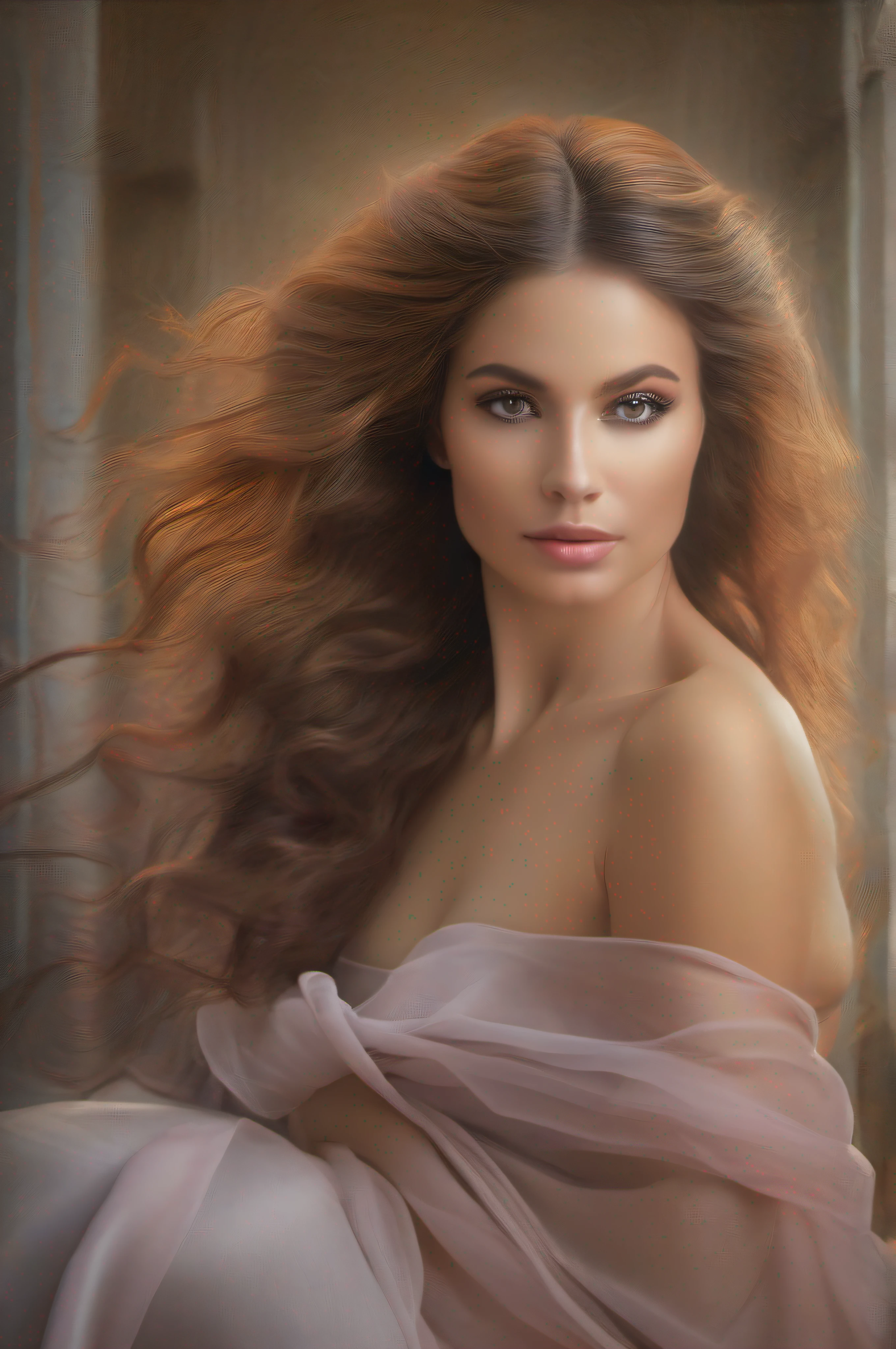 medium shot, Afrodite, elegante, Beautiful, flowing hair, Nikon D850 camera, Lente 85mm, soft studio lighting, Esquema de cores Groden pastel, Neoclassical fine art painting, Textura granulada sutil, Sombras suaves e destaques foram adicionados mais tarde, best quality, Beautiful, filmgrain