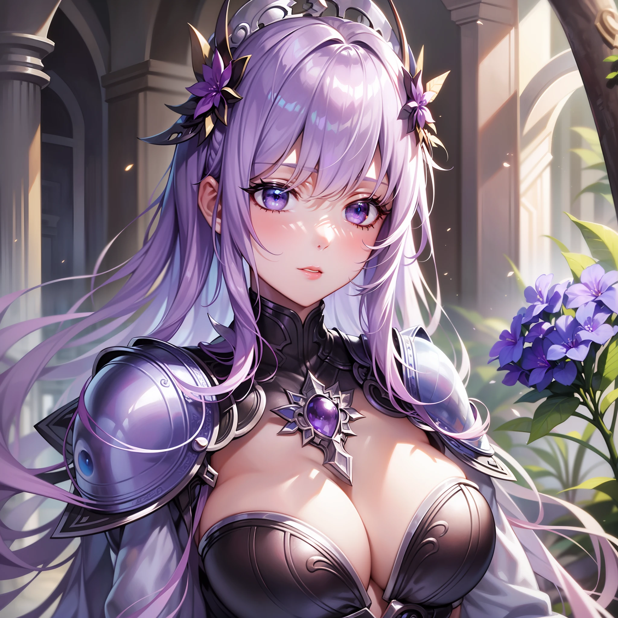 Fine detail, surreal, 50mm lens, (highest quality, 8k, 32k, masterpiece, UHD: 1.3), abs, perfect body, ultra-detailed face, detailed lips, fine eyes, masterpiece, best quality, official art, 8K wallpaper, high definition, illustration, detailed fantasy world, detailed depiction, ((shining blue iron armor, clear, dense design)), ((tall, beautiful, shiny pale violet hair)),