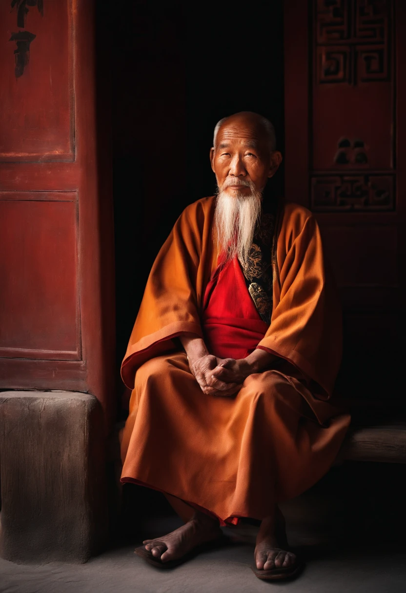 An old Chinese man sitting in the oriental background with bright sun