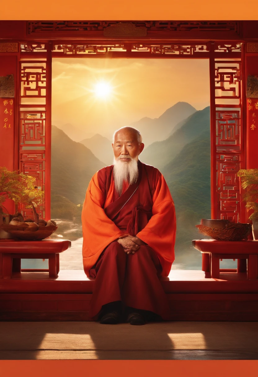 An old Chinese man sitting in the oriental background with bright sun