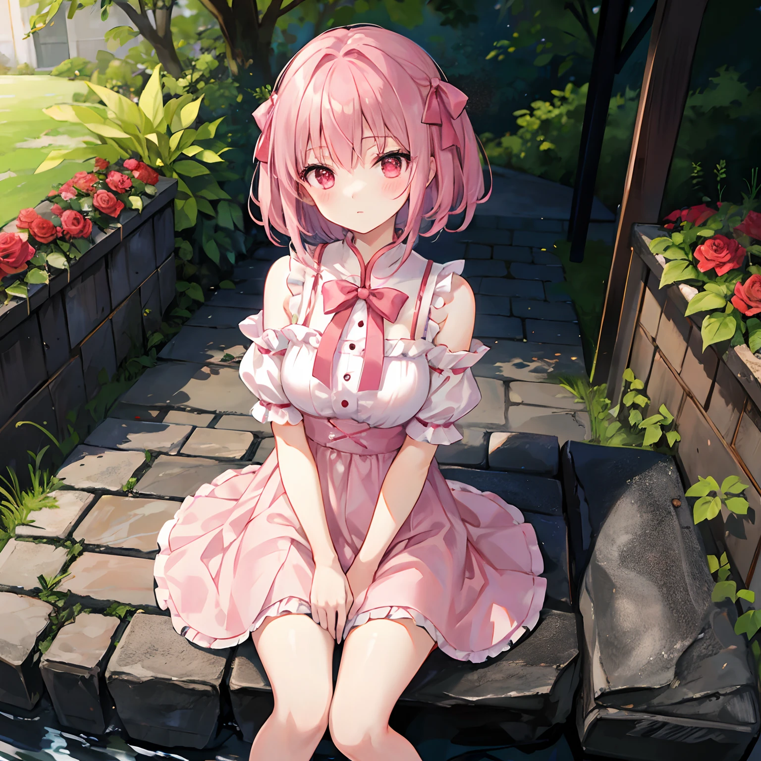 A pink-haired、bow ribbon、red eyes、Beautiful girl alone、qipao dress、off shoulders、a miniskirt、sitting on、rose garden