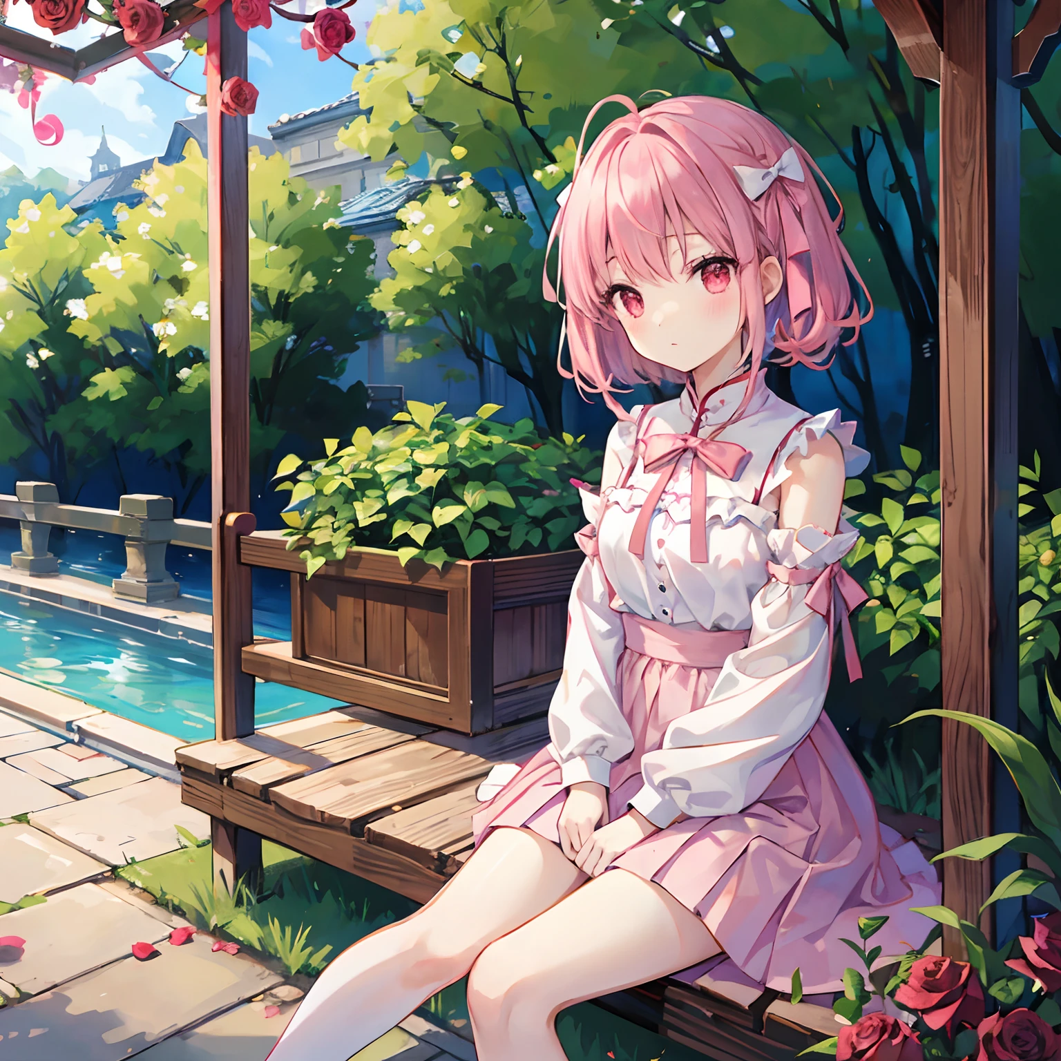 A pink-haired、bow ribbon、red eyes、Beautiful girl alone、qipao dress、off shoulders、a miniskirt、sitting on、rose garden