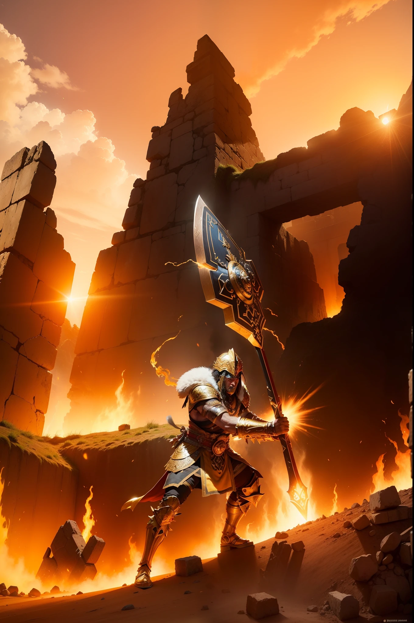 (Massive ancient Inca+ warrior with a godlike SUN aura around him), ultra strong holding a massive Legendary golden ultrashield keeping a royal INKA SUN+ symbol in the middle, Legendary Golden Godlike INKA armour with Demigod like shoulder pads resembling INKA suns, Massive golden plate with a sun in the centre protecting his chest, (((grabbing a giant epic Massive giant burning axe as main weapon))), (((Full body shot))), ((Realistic Burning ancient city ruins in the background)), (pointing at the viewer with 1 finder), ((ultra realistic)), rim lighting, lights, extremely, magic, surreal, fantasy, (((ultra detailed faces and textures))), ultra resolution, 8K cinematic resolution,