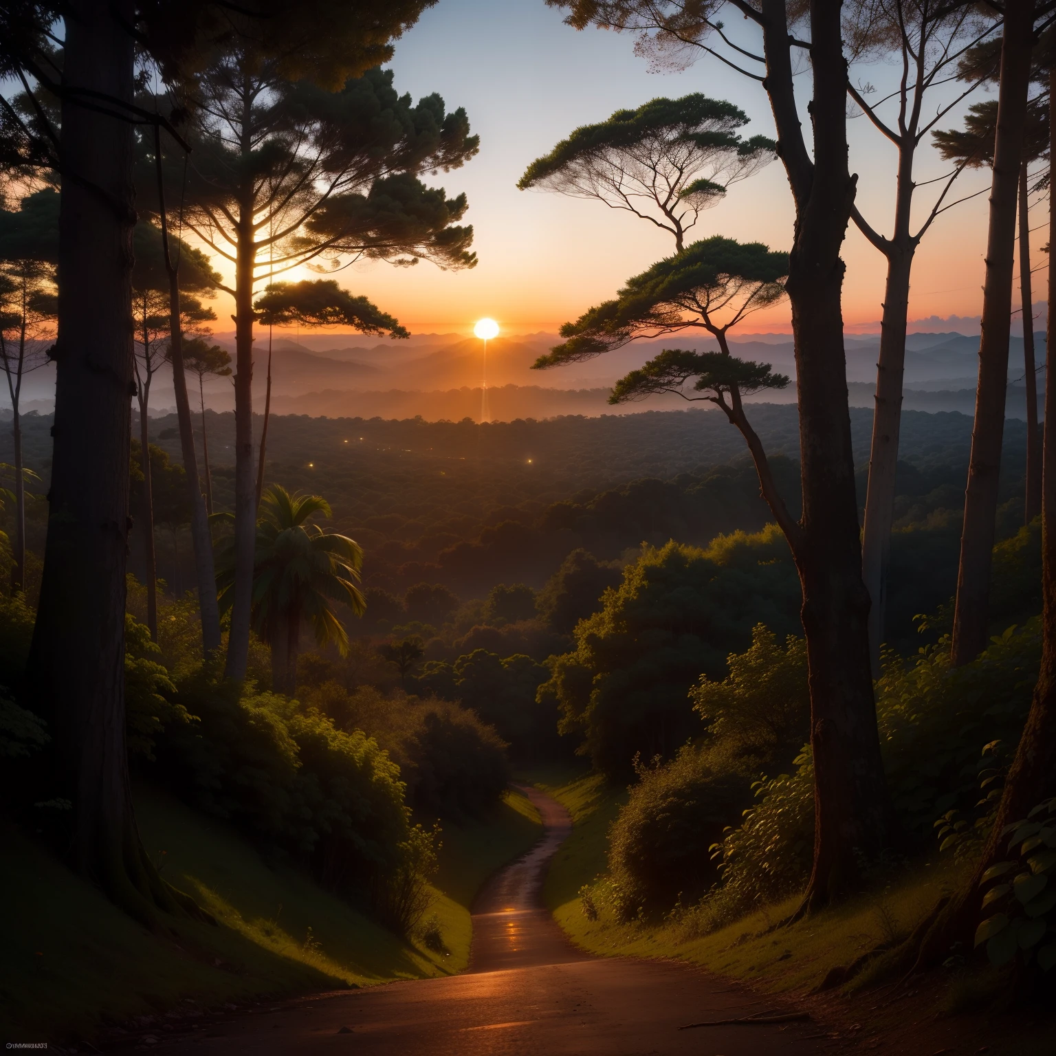 Paisagem de uuma floresta no por do sol