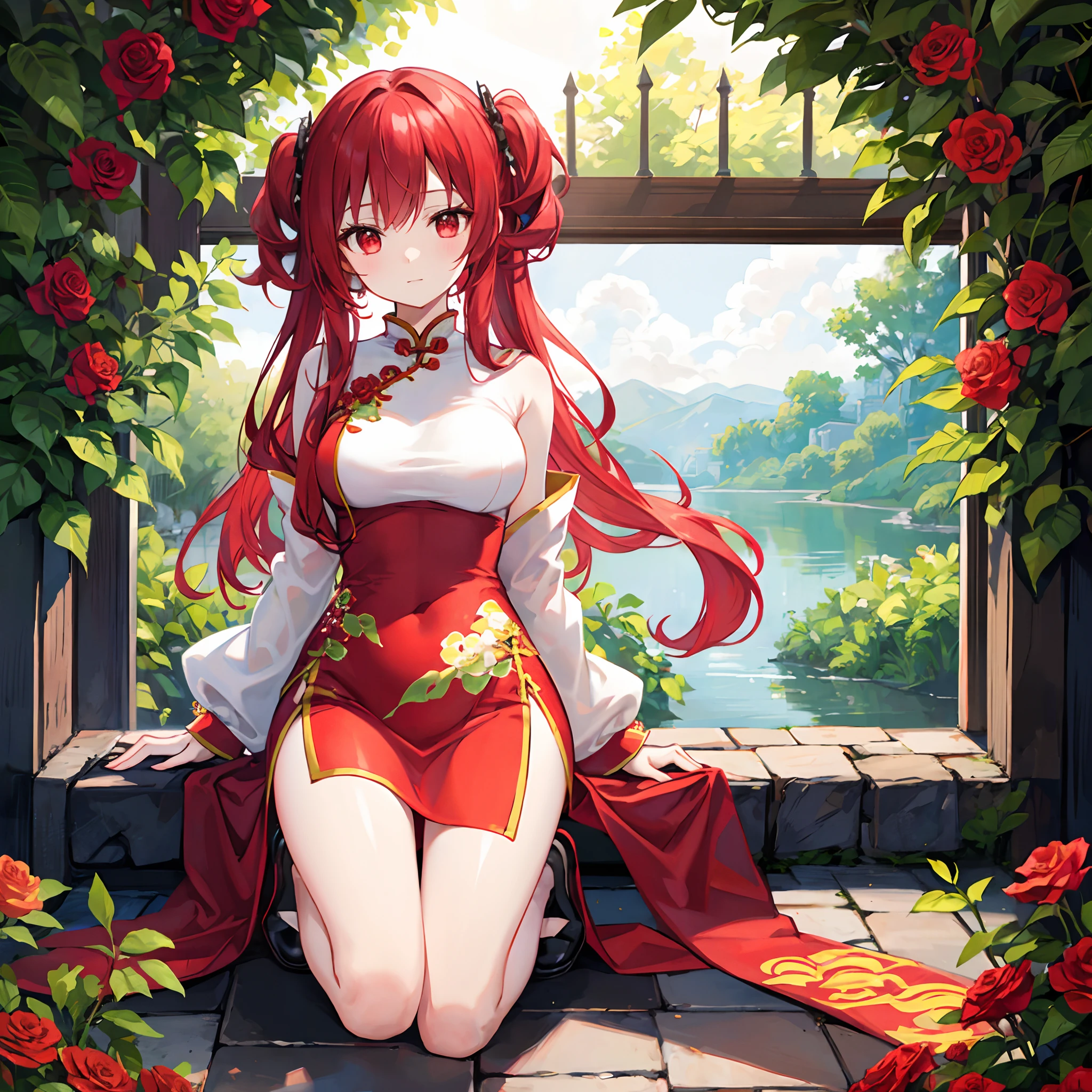 Wavy red hair、red eyes、Beautiful girl alone、White cheongsam、Bright red rose garden、