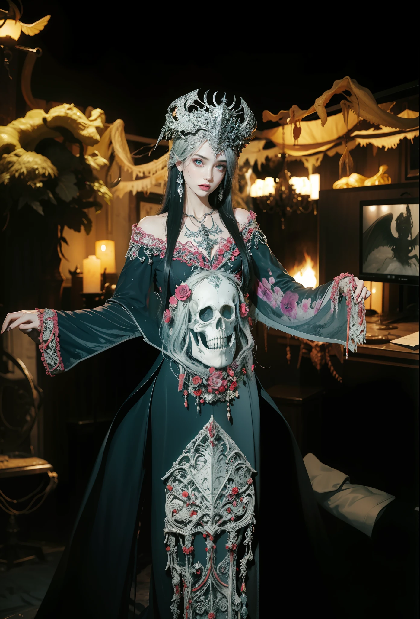 Fine matte paint,Skeleton Dark Angel,Haunted castle with large wings, Fill the drawing table with a knife,terroral,uncanny,horrid,secret terror,tentaculata,grape trees,The eye,uncanny valley effect teeth,all fours,Critters,Blood Moon,Woman's carcass,body art,Sexy beauty,8K,Blu-ray quality,Stunning graphics,