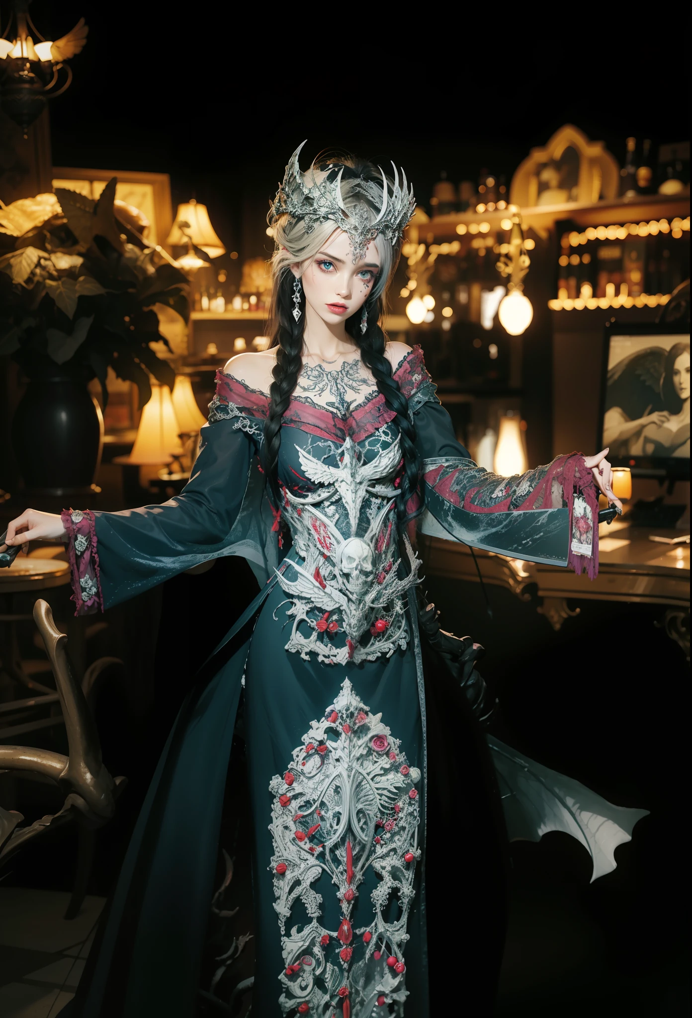 Fine matte paint,Skeleton Dark Angel,Haunted castle with large wings, Fill the drawing table with a knife,terroral,uncanny,horrid,secret terror,tentaculata,grape trees,The eye,uncanny valley effect teeth,all fours,Critters,Blood Moon,Woman's carcass,body art,Sexy beauty,8K,Blu-ray quality,Stunning graphics,