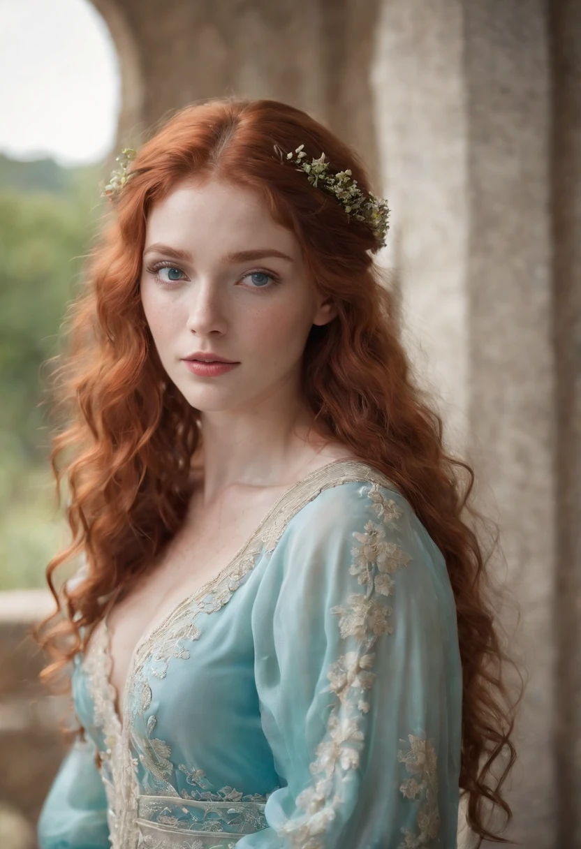 25-year-old young woman,Long red curly hair is silky and soft,Delicate and perfect blue eyes,and freckles on his face,Super perfect,Cinema quality,Wearing an aqua long dress,There is a delicate and perfect flower in the hair,In an ancient temple,Ultra HD,Flawless lighting,Super HD,Super 4K maid underwear