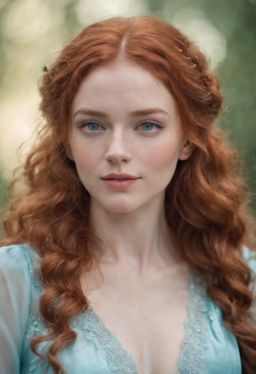 25-year-old young woman,Long red curly hair is silky and soft,Delicate and perfect blue eyes,and freckles on his face,Super perfect,Cinema quality,Wearing an aqua long dress,There is a delicate and perfect flower in the hair,In an ancient temple,Ultra HD,Flawless lighting,Super HD,Super 4K maid underwear