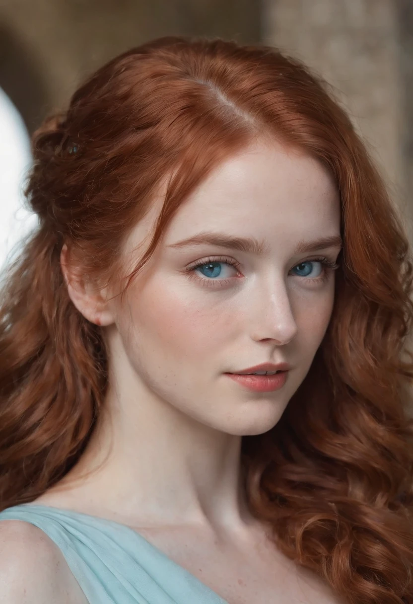 25-year-old young woman,Long red curly hair is silky and soft,Delicate and perfect blue eyes,and freckles on his face,Super perfect,Cinema quality,Wearing an aqua long dress,There is a delicate and perfect flower in the hair,In an ancient temple,Ultra HD,Flawless lighting,Super HD,Super 4K maid underwear