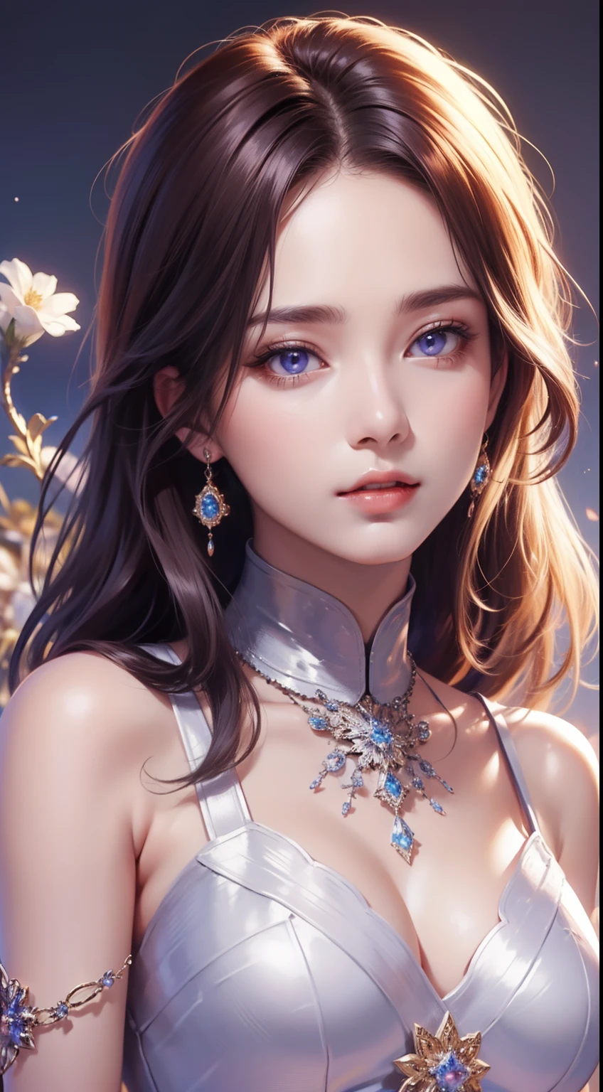 tmasterpiece，Highest high resolution，((themoon))，Dynamic bust of a beautiful aristocratic maiden，elegantly coiled brown chestnut hair，Purple clear eyes，Hair is covered with beautiful and delicate floral craftsmanship, Crystal Jewelry Filigree，Ultra-detailed details，upscaled，The Earth Rises。