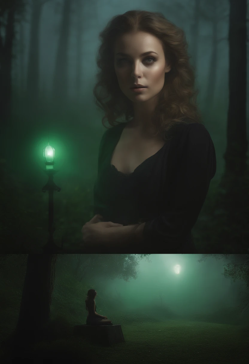 (extremely detailed CG unity 8k wallpaper), a beautiful young woman in the fog, naked, boos covered by the fog, sitting, graveyard with spooky green lanterns, ominous figure discreetly looming in the background Style-Empire, (Style-Glass), (((surrealism))), full_body_shot, dramatic, backlit, light rays, volumetric lighting, detailed face, highly detailed, painting