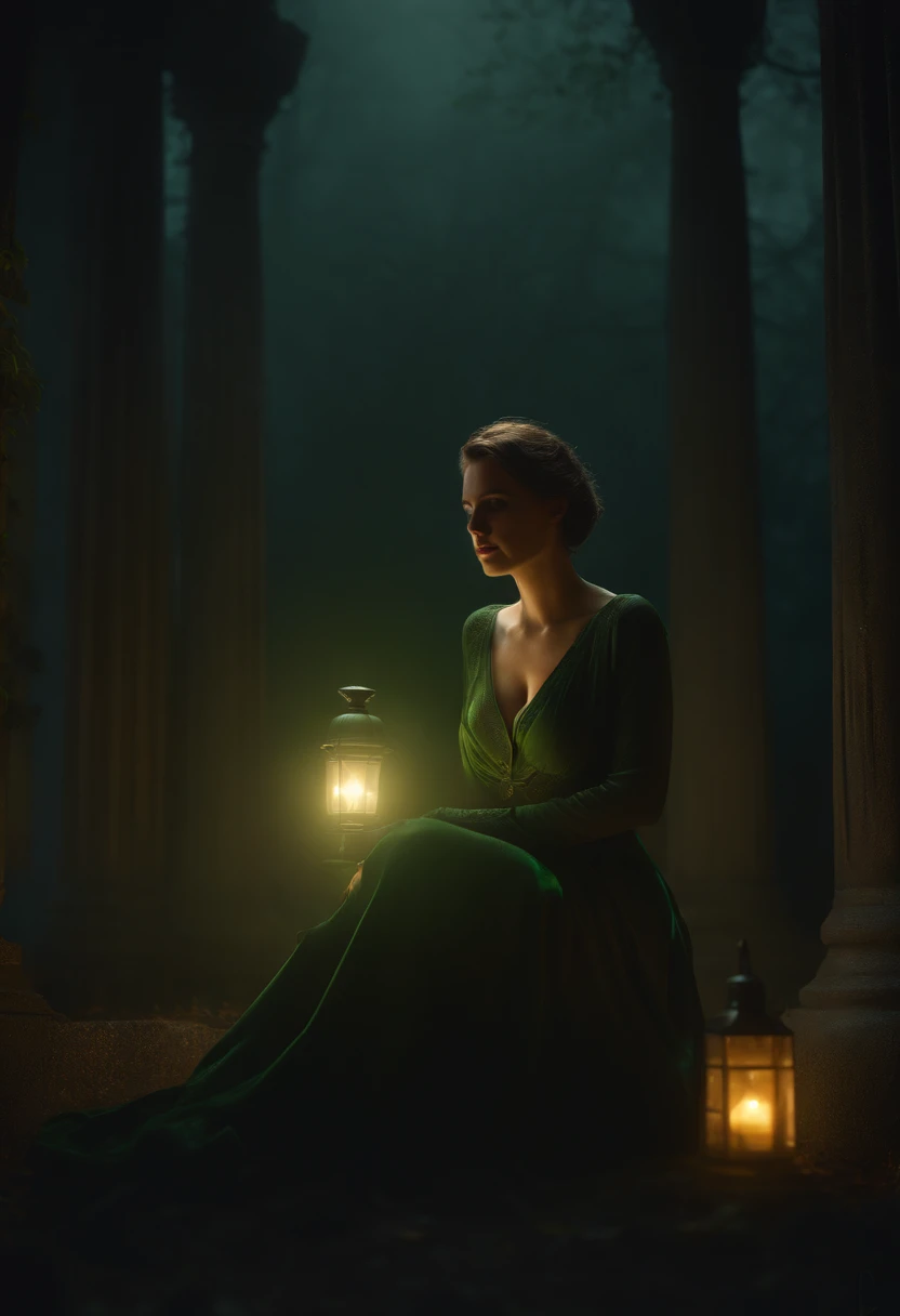 (extremely detailed CG unity 8k wallpaper), a beautiful young woman in the fog, undressed, her boobs covered by the fog, sitting, graveyard with spooky green lanterns, Style-Empire, (Style-Glass), (((surrealism))), full_body_shot, dramatic, backlit, light rays, volumetric lighting, detailed face, highly detailed, painting