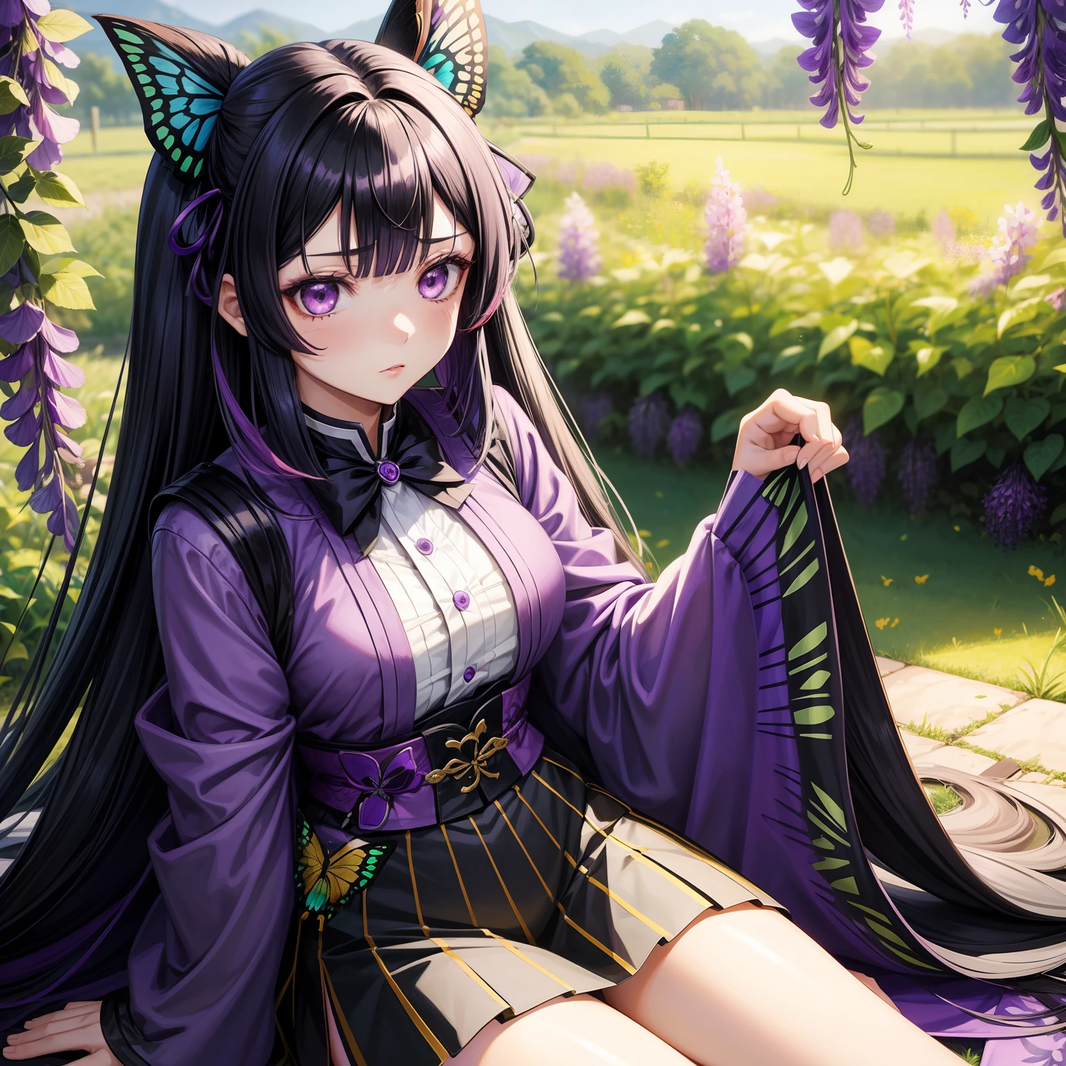 1 girl, Kocho Shinobu, Kimetsu no Yaiba, multi-colored hair, two-colored hair, black hair, two strands, butterfly hair decorations, wisteria hair, big bright eyes, purple eyes, medium breasts, [purple blouse] [black miniskirt] In the garden, sitting in a field, wisteria