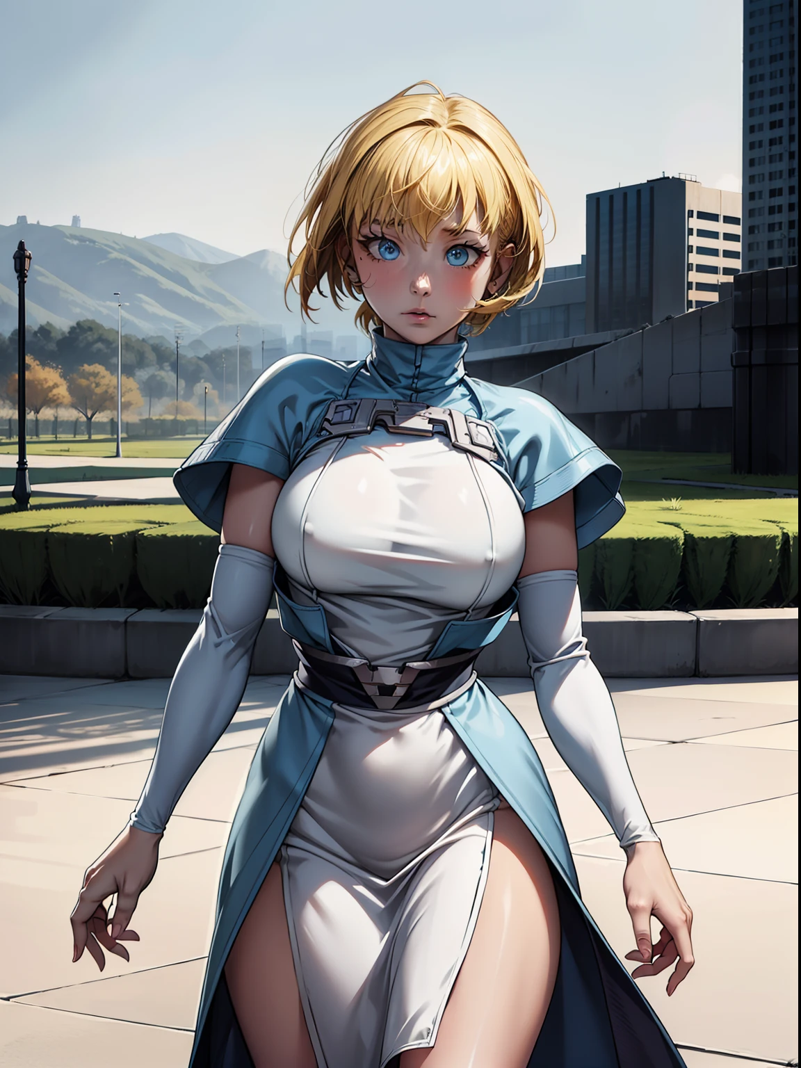 add_detail:1 Face (ultrahigh resolution) Face (details ultrahigh), Body (ultrahigh resolution) Body (details ultrahigh), wear (ultrahigh resolution) wear (details ultrahigh), Background (ultrahigh resolution) Background (details ultrahigh), Full body photo, city background. blue eyes, blonde hair, short hair, long dress),masterpiece, best quality, ultra-detailed, high resolution, super detailed skin, perfect anatomy, detailed,full body see,