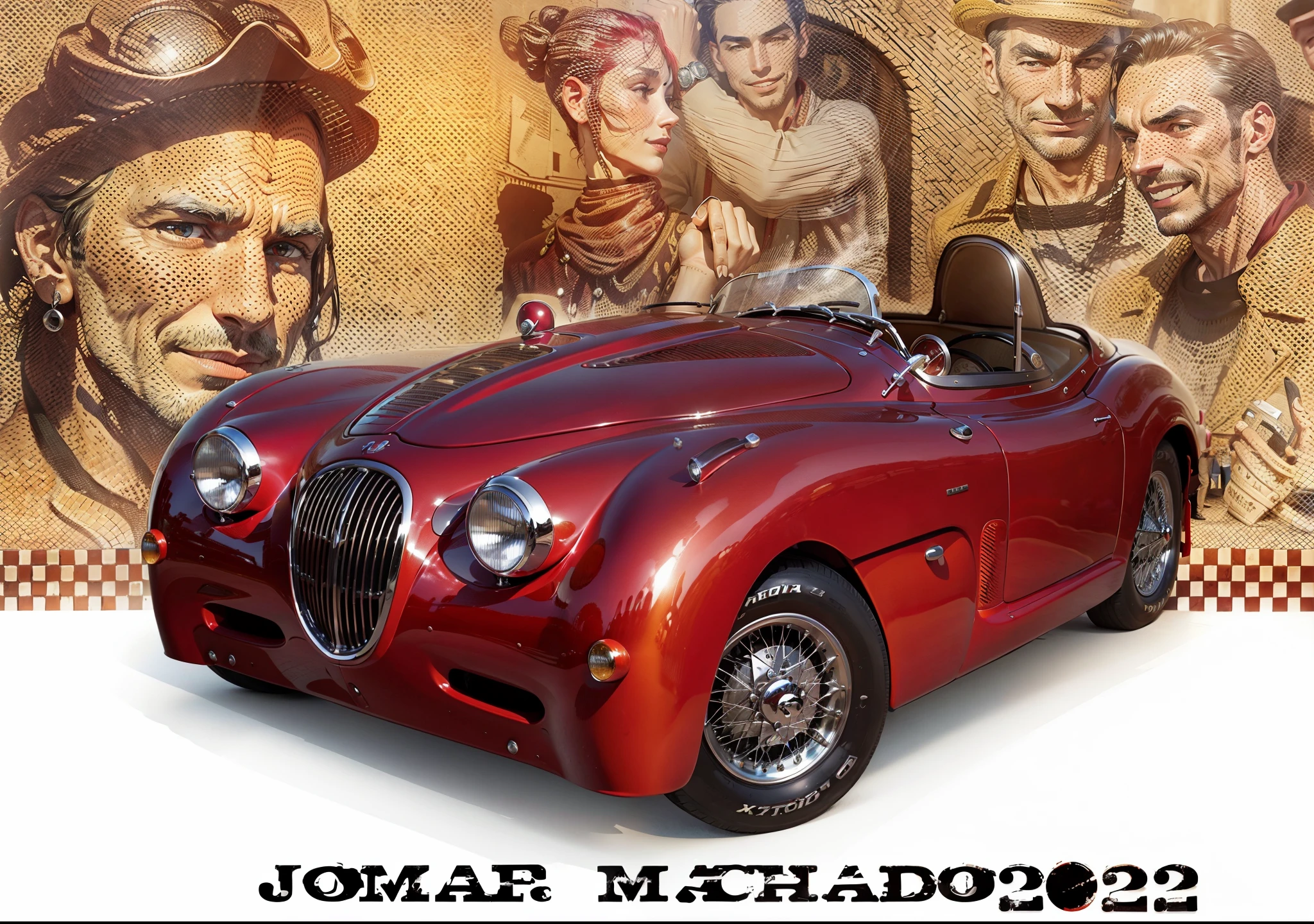 Beautiful red Jaguar XK150 car in the foreground and several smiling and handsome male male drivers in the background
