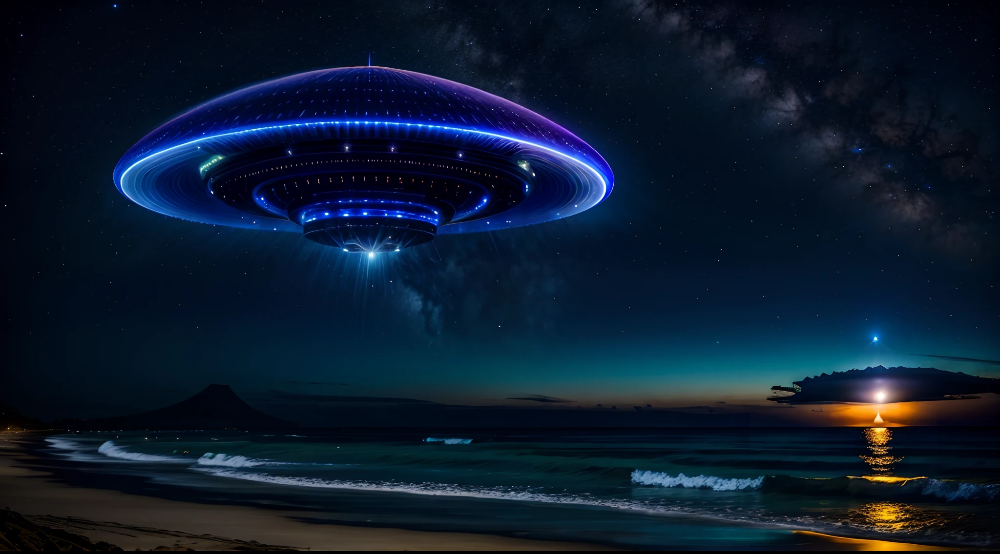 huge ufo's flying high on the beach of bali indonesia at night super moon sky chased by us air force futuristic cinematic photo peoples are seeing it