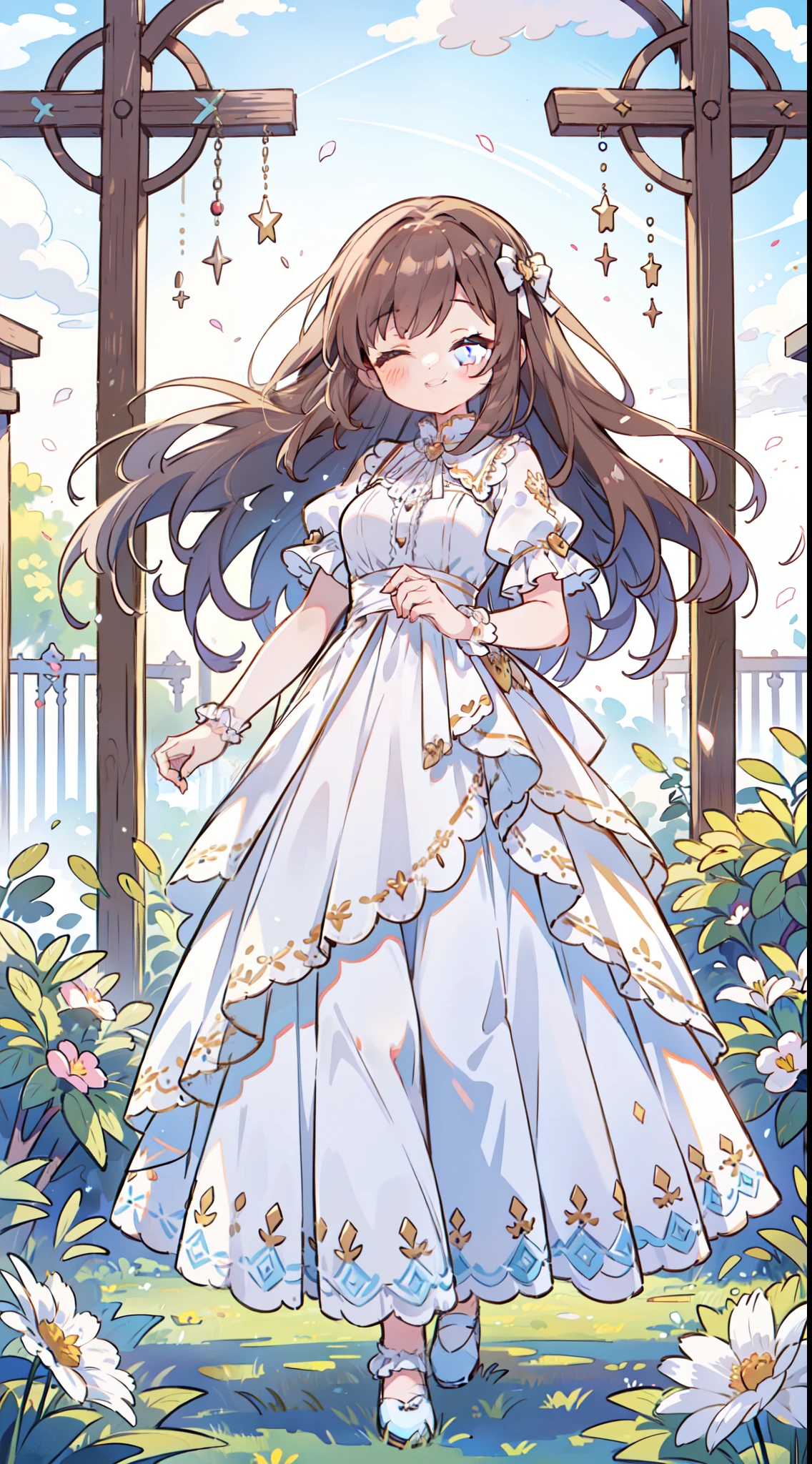 (Lori:1.4), Smile, shining faintly,(Concept art:1.2), (game event cg:1.2),(Big breasts:0.8),
Romper, ((full bodyesbian、Standing picture:1.2))
Cute girl wrapped in white dress, With ruffles and delicate lace. Evening sky full of nostalgic feelings. Dream of a distant day, Resonate with the heart. Childhood smiles flutter in the wind. Bygone moments warm my heart. In the light of the setting sun and a gentle smile. Embrace precious memories against the flow of time. Graceful dance of frills, Delicate song of lace. Nostalgia is close to your heart, And the girl in the white dress shines beyond time.
BREAK