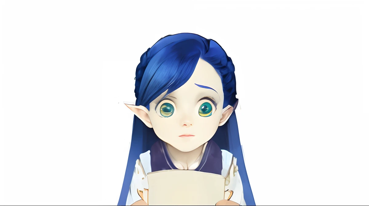 Little female elf with blue hair and golden eyes holding a book in her hands