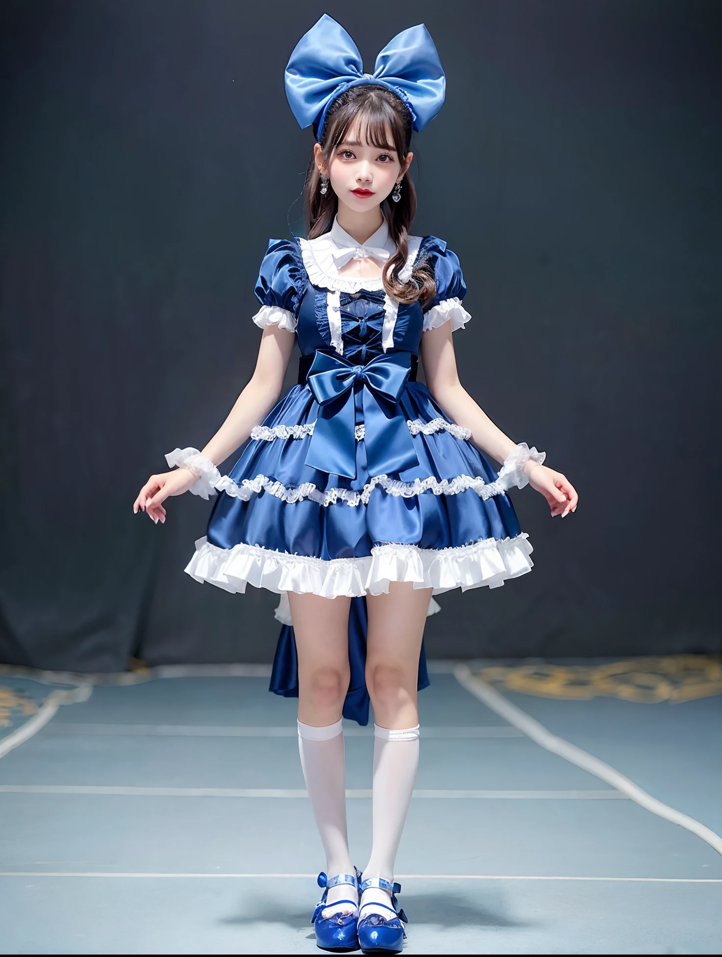 Arafe girl in blue satin dress and bow tie, rococo ruffles dress, angelic pretty, frilly outfit, rococo dress, high quality costume, Lolita style, style of magical girl, Lolita Fashion, fantasy outfit, Belle Delphine, fantasy dress, Blue Accent Costume, Light blue color, Ice Blue Dress, maid dress, loli in dress