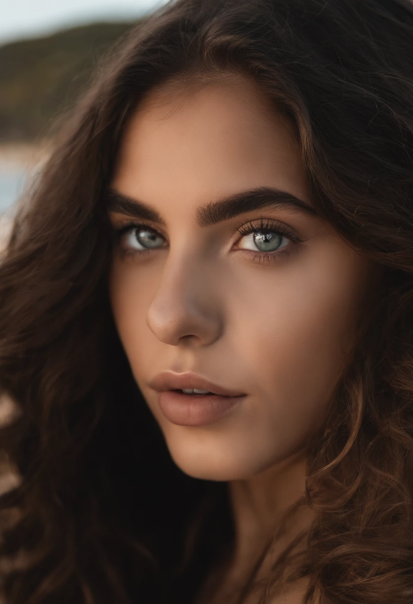 um close up de uma mulher com cabelos longos e um top preto, com cabelos longos e olhos penetrantes, Anna Nikonova aka Newmilky, 🤤 retrato da menina, Modelo do Instagram, 19-year-old girl, com cabelos longos, Pokimane, 2 Modelo feminina de 4 anos, 18 anos, Serena Malyon, Violeta Myers, foto de perfil headshot na praia