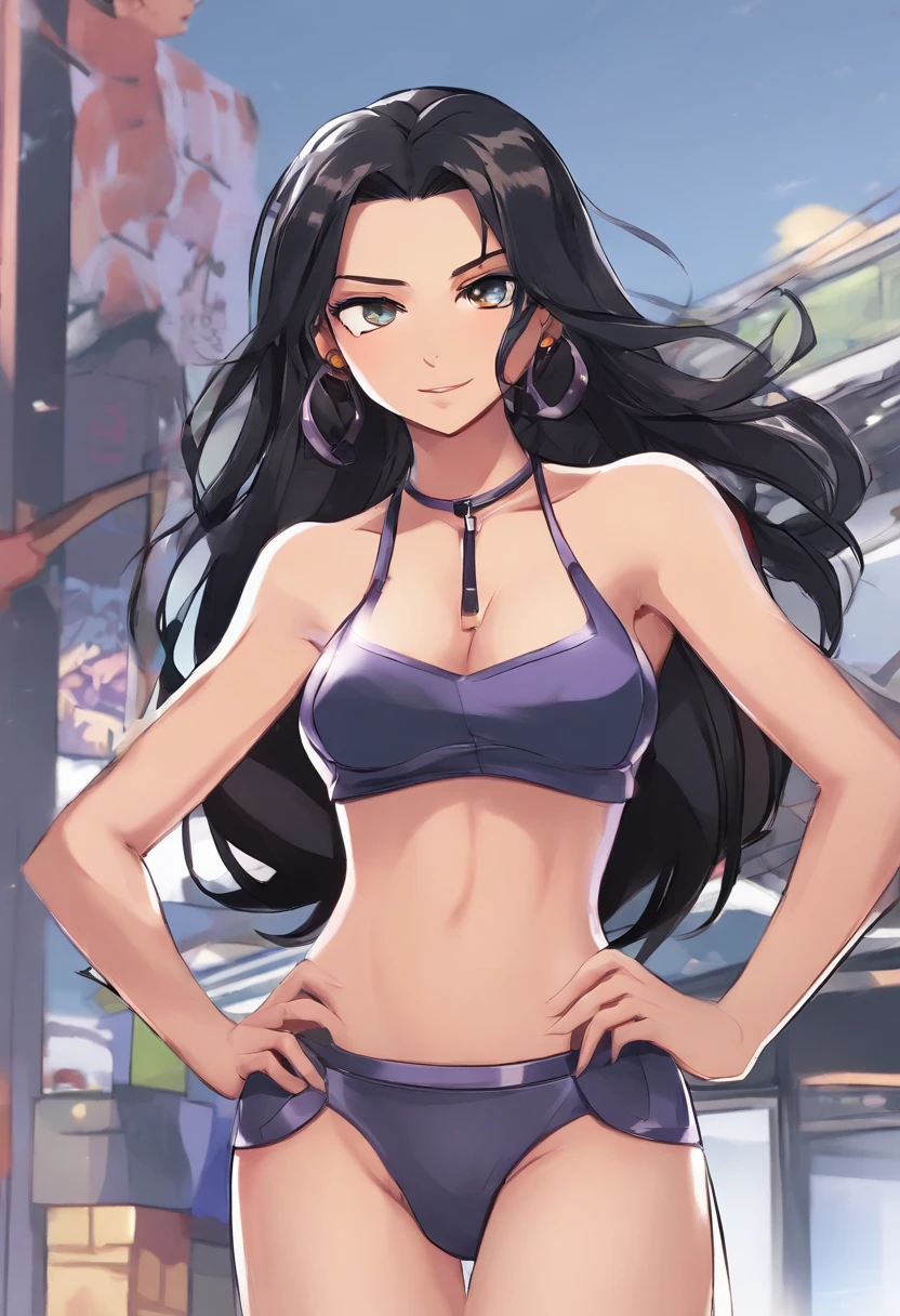 My Hero Academia style, anime Girl, female, trending on artstation pixiv, (full body shot:1.5), Blackfire, Teen Titans, wide hips, wide thighs, medium breast, Very long hair, black hair, straight hair, violet eyes, black underboob tube top, black tube top, underboob tube top, black underboob top, black top, tube top, underboob top, exposed abdomen, exposed navel, bare shoulders, black baggy backless pants, black backless pants, baggy backless pants, black baggy pants, black pants, baggy pants, backless pants, Black chaps, chaps, Black bikini bottom only, Black bikini bottom, Black bikini, bikini bottom, bikini bottom only, buttom only, Black ankle boots with toe, black ankle boots, ankle boots with toe, Perfect Anatomy, Super Detailed, perfect hands, hands on hips, joyful gaze, smug, Looking at viewer,