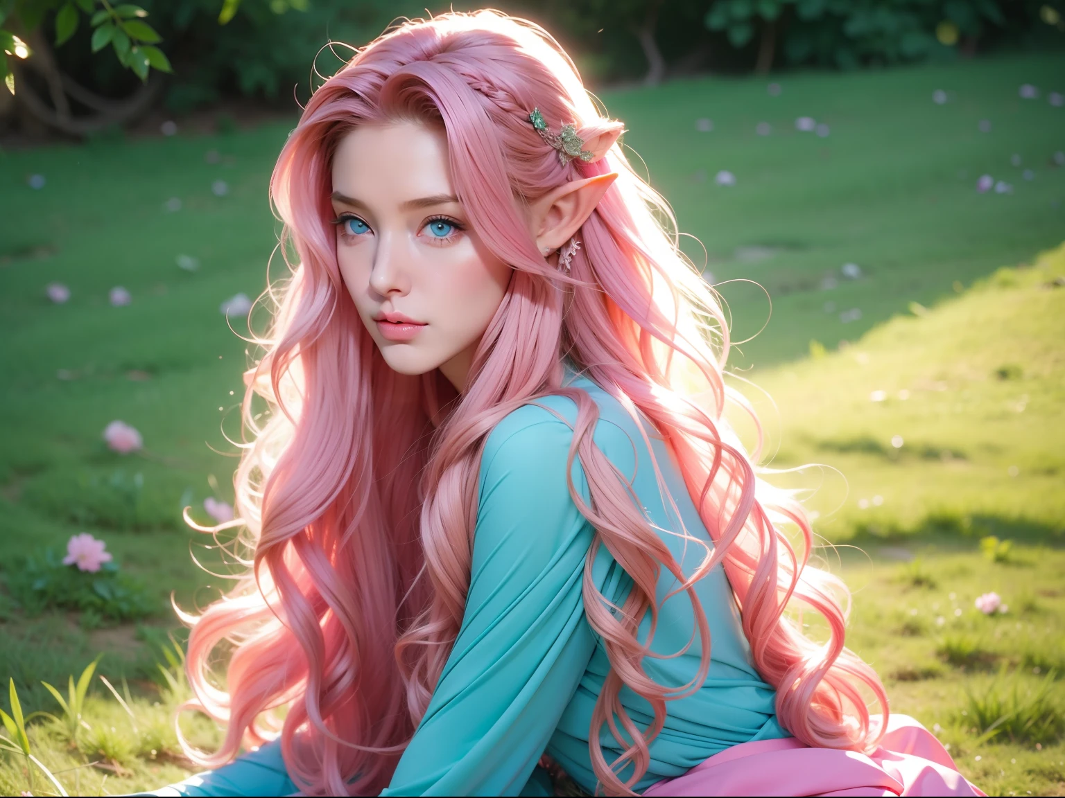 one woman, long curly hair, voluminous, pink hair, blue eyes, enchantress, elf ear, magic background, sitting on grass