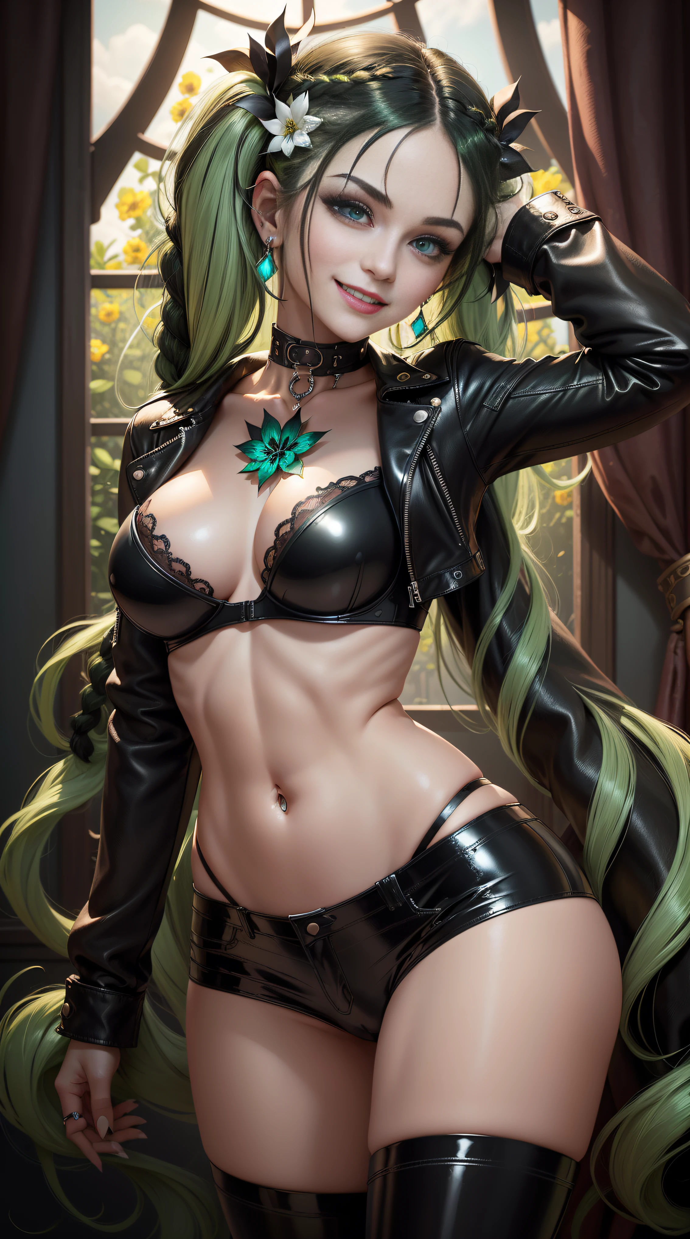 BLACKLIGHT, ((NSFW)), realistic art, extremely delicate and beautiful, ultra-detailed, (1girl), blue eyes, floating, detailed light, illustration, dynamic angle, depth of field, ((((milf)))), girly, long hair, ((green and black hair, multicoloured hair, green highlights hair, twin tails, hair ornament, hair flower, flower, makeup, braid, smile)), vampire eyes, showing fangs, pale white skin, (((blue jeans, Black leather jacket, Black latex bra, goth boots, long hair, navel, choker, smile, jewelry, earrings))), (ultra high res, best quality,), (8k, raw photo, best quality, masterpiece), technological sense, best quality, masterpiece, illustration,CG ,unity ,wallpaper, official art, Amazing, finely detail, an extremely delicate and beautiful,extremely detailed, highly detailed, sharp focus,rich background, (real person,photograph), ((high detailed skin)),