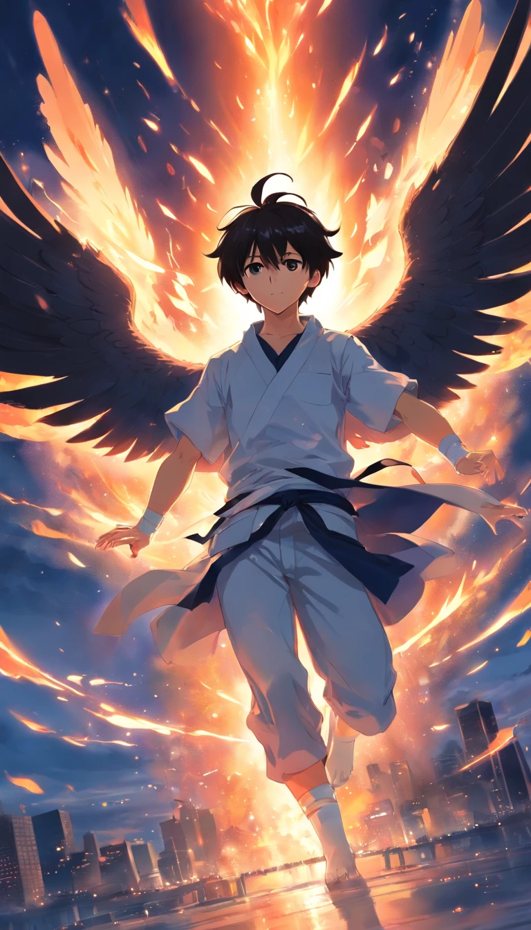 A painting that represents the essence of the world war, white bandages,Handsome male,Black wings,Immerse yourself in a magical array of flame energy, Glowing particles dance around him,Mysterious symbols form in the air
