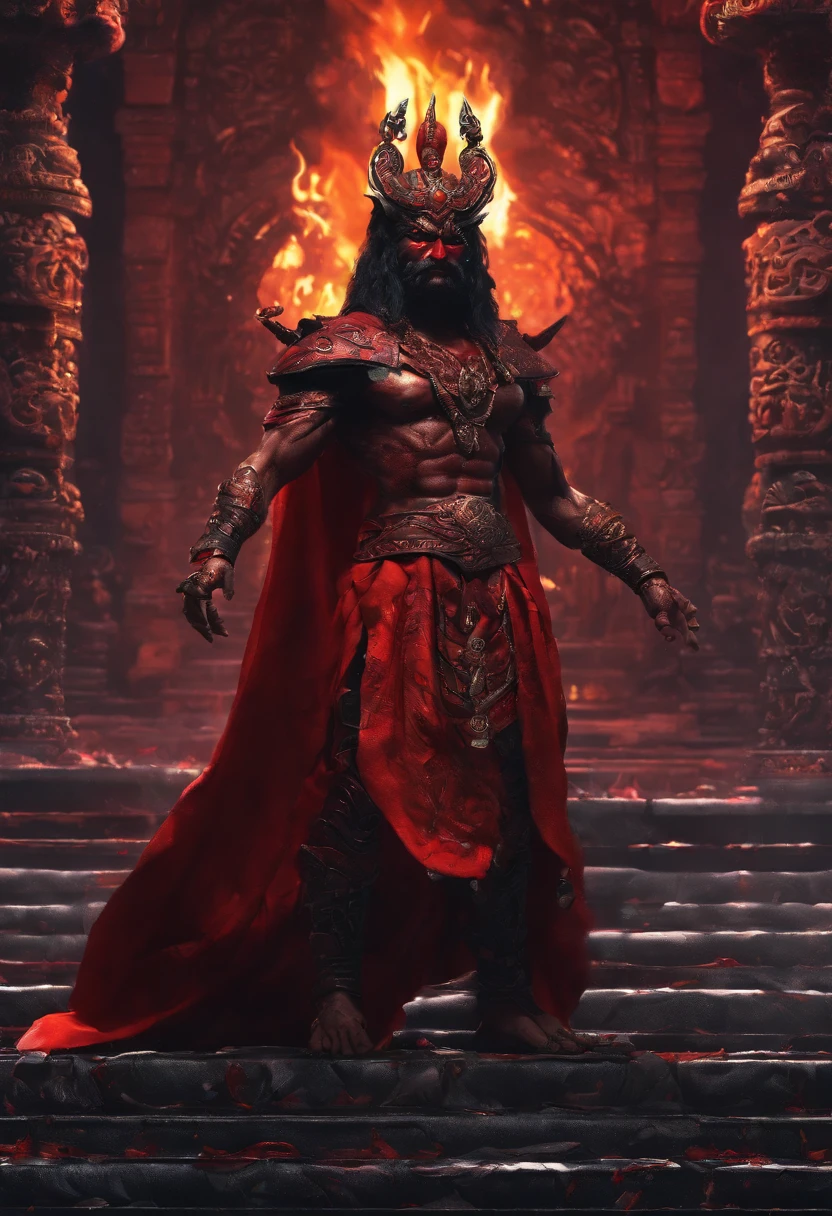 Ravan, He has 10 heads, each head showing different expressions, king or srilanka ,a 52 years old man, proper eyes, proper hands, proper legs, moderate stature, has a big tail, Fire on the background, strongly built, broad-chested, narrow-waisted, and long-armed, one hand straignt pointing to something and a big blue dager inthe other hand, in a dark kings chamber, dark background (Professional 3D rendering:1.3) by (Realistic:1.3) World's most dangerous art picture, Features soft, dark complexation male villan , ((Epic Ravan the destroyer, fantasy rough muscular man wet hero angry look long hair, clean shaved, long face and fierce expression in ordering to start the war pose, wearing a deep red robe, inside a temple, burning fire lights in the background, dark dangerous environment)), full body 8k unit render, action shot, skin pores, very dark lighting, heavy shading, detailed, Detailed face, (vibrant, photorealistic, Realistic , Dramatic, Dark, sharp focus, 8k), (deep red and black with heavy jewelry r:1.4), (intricate:1.4), decayed, (highly detailed:1.4), painting digital, rendering by octane, art stations, Concept-Art, smooth, sharp focus, illustration, germ of art, (Loish:0.23), Wlop Ilya Kuvshinov, and Greg Rutkowski and Alphonse Mucha Gracias, (global illumination, studiolight, Light Volumetric ), heavy rain, floating particles, scoundrel, fantasy, Eleven, full bodyesbian, ((Dark jungle background:1.3)),CGSesociedade,art stations
