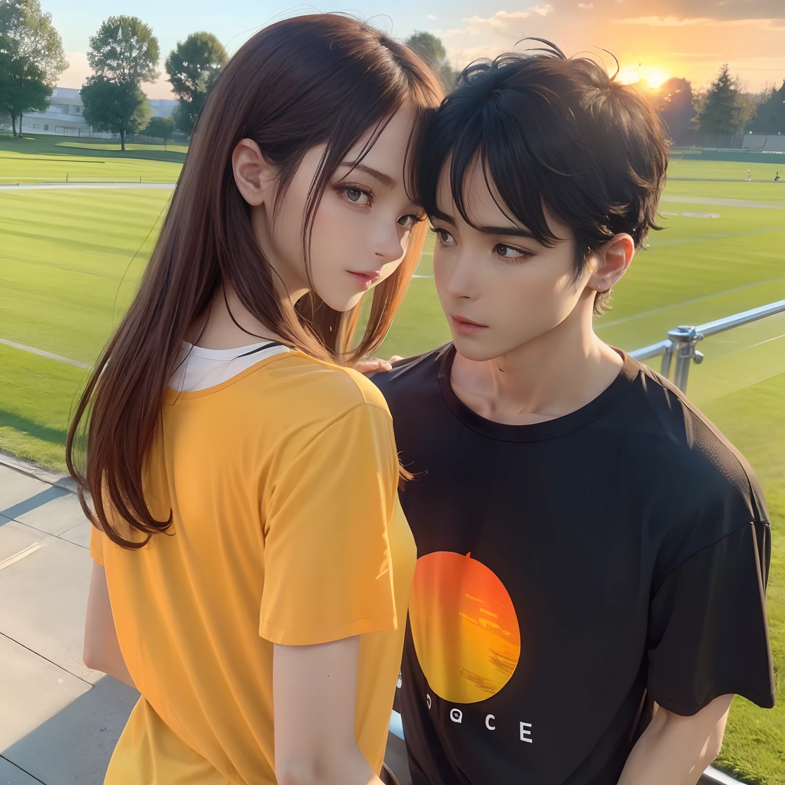 Masterpiece, Best quality, {Best quality}, {{Masterpiece}}, {A high resolution}, {{{field field}}, extremely detailed couple, illustration, couple, 1boys, 1girll, couple, Love, Love, Romantic, Sharp focus, Male focus, female focus, Black hair, Violet eyes, Sun, Sunlight, Lifting, Surprised, envy, Orange sky, tee shirt, men's leisure clothes, Expressionless, women's fashion