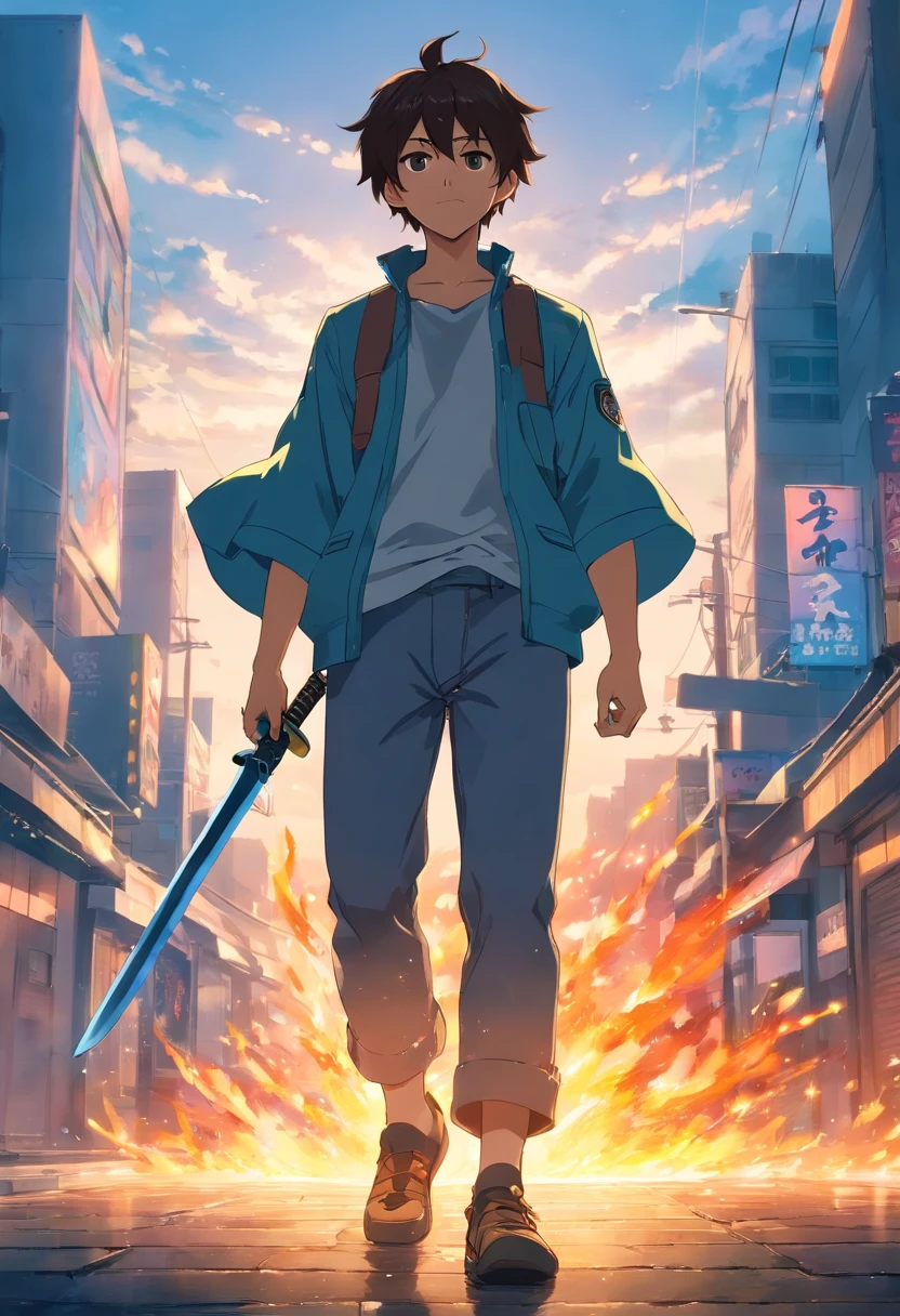 homem musculoso, olhar serio, cabelo curto, cabelo loiro escuro, cavanhaque loiro, katana in hand, estilo de anime demon slayer,estilo de askeladd viland saga, breathing of the flames, fogo ao redor de sua katana, circulo de fogo atras dele