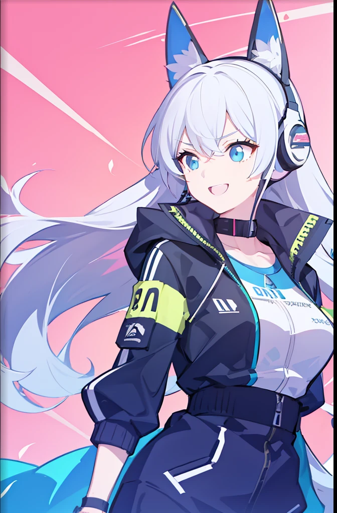 best qualityer，8K Ultra Clear，style of anime，The color is bright，1girl，full bodyesbian，Girl wearing tracksuit，Headphones around your neck，Loose coat，long whitr hair，delicated face，Five fingers，Cheerful laughter，Large character background