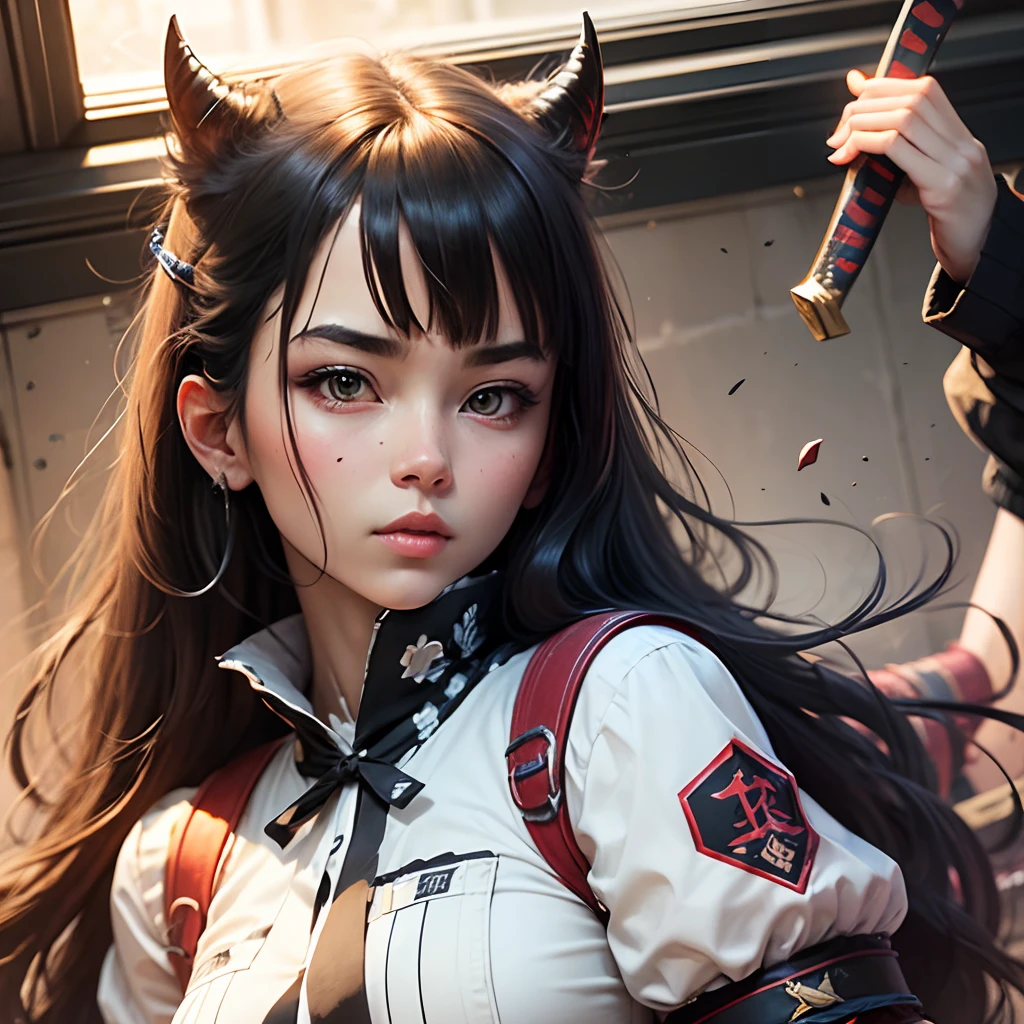 hi-school girl, katanas, Devil's aura, Virgil style, animesque --auto --s2