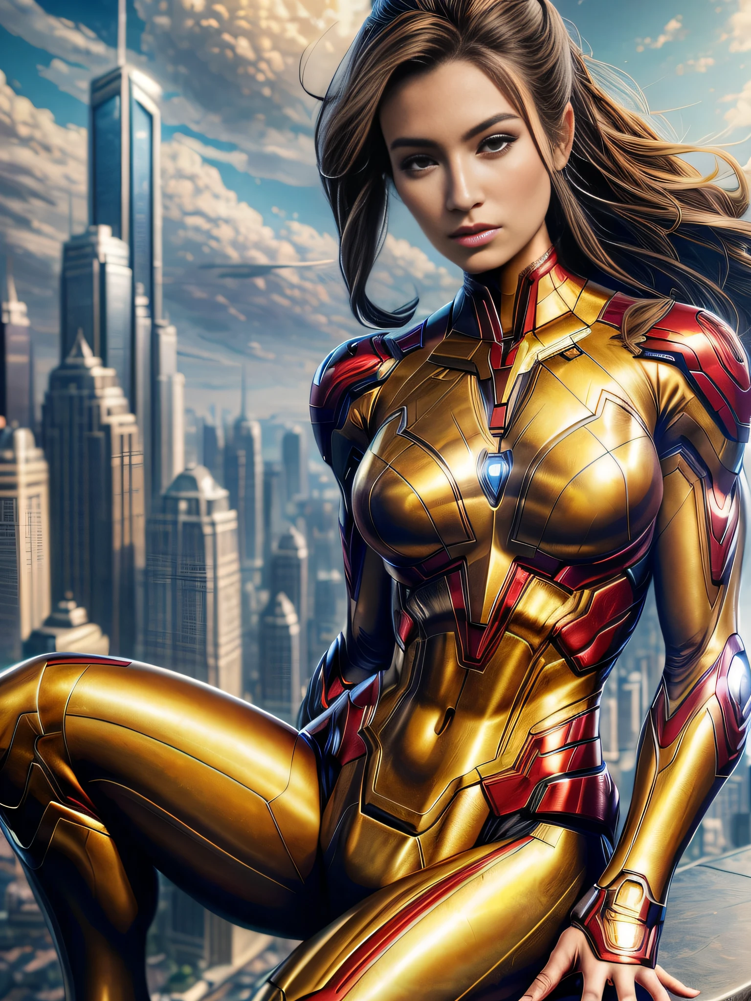 a close up of a woman in a gold suit posing on a ledge, emma watson as iron man, 4k highly detailed digital art, in style of marvel, extremely detailed artgerm, artgerm 4 k, in style of marvel and dc, in style of artgerm, ig model | artgerm, 8k high quality detailed art